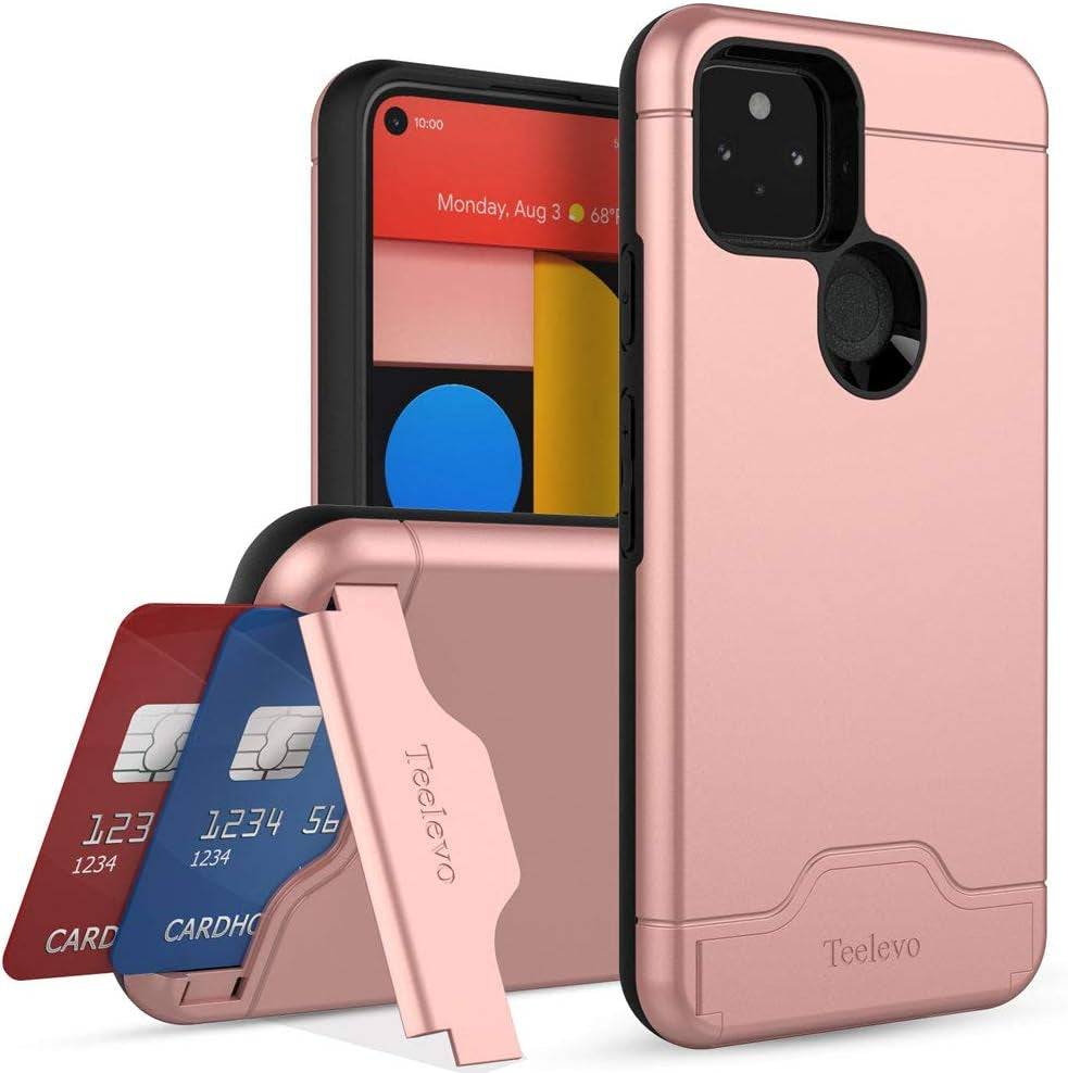 Teelevo Wallet Case for Google Pixel 5, Dual Layer Case with Card Slot Holder and Kickstand for Google Pixel 5 - Purple  Teelevo Rose Gold  
