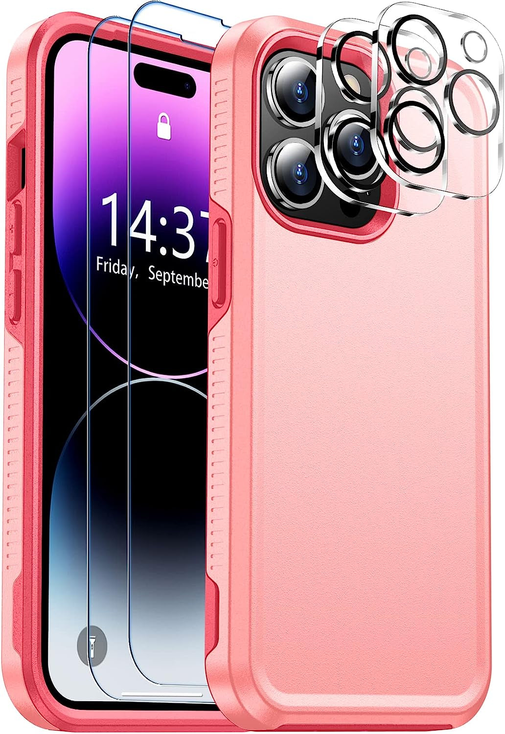 Justcool Designed for Iphone 14 plus Case, [Crystal Clear Not Yellowing] with [2 Pcs Tempered Glass Screen Protectors & 2 Pcs Camera Lens Protector] Slim Thin Protective Phone Case (Clear)  Justcool Pink Iphone 14 Pro 