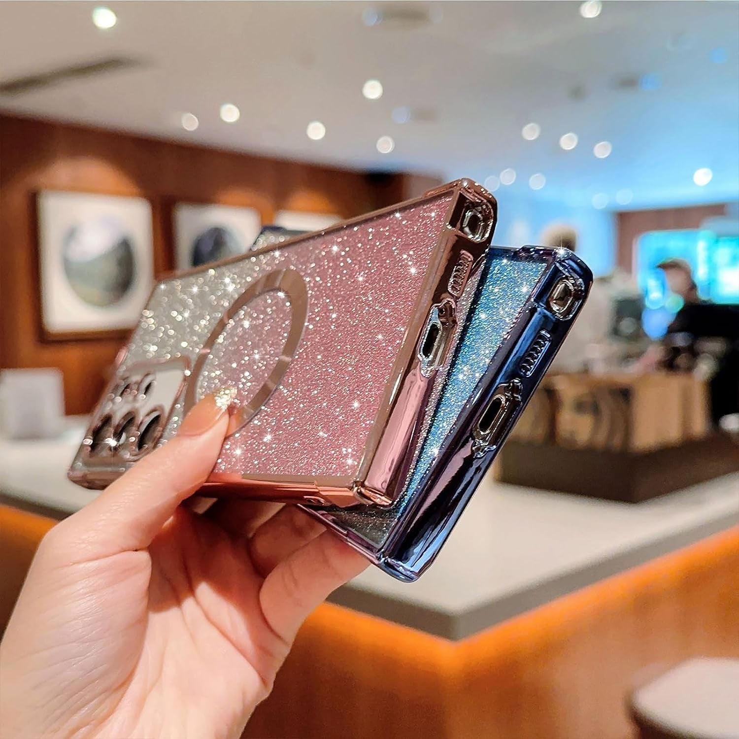 Aowner for Samsung Galaxy S21 Ultra Magnetic Case Compatible with Magsafe, Full Protection Square Glitter Clear Phone Case for Women Girls Cute Soft Shockproof Bumper Protective Cover Case 6.8"-Gold  aowner   