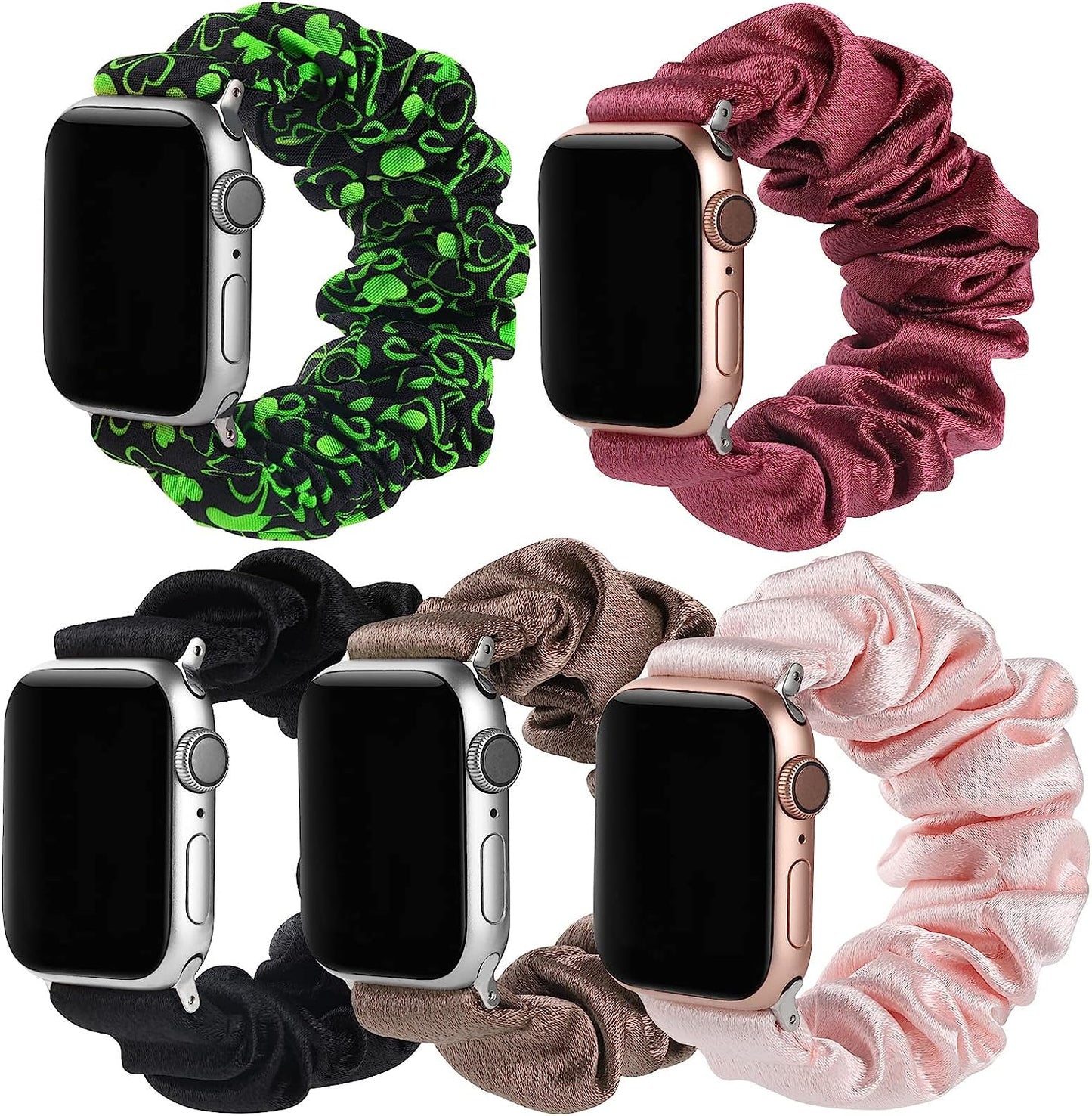 Bigqin 5-Packs Elastic Band Solo Loop Scrunchie Bands Compatible with Apple Watch Series 8 7 (41Mm) Series 6 SE (40Mm) Series 3 2 1 (38Mm), Women Bracelet Strap Compatible with Iwatch 41Mm 40Mm 38Mm  Bigqin Black+Pink+Chocolate+Purple Red+St. Patrick's Day Green Large 