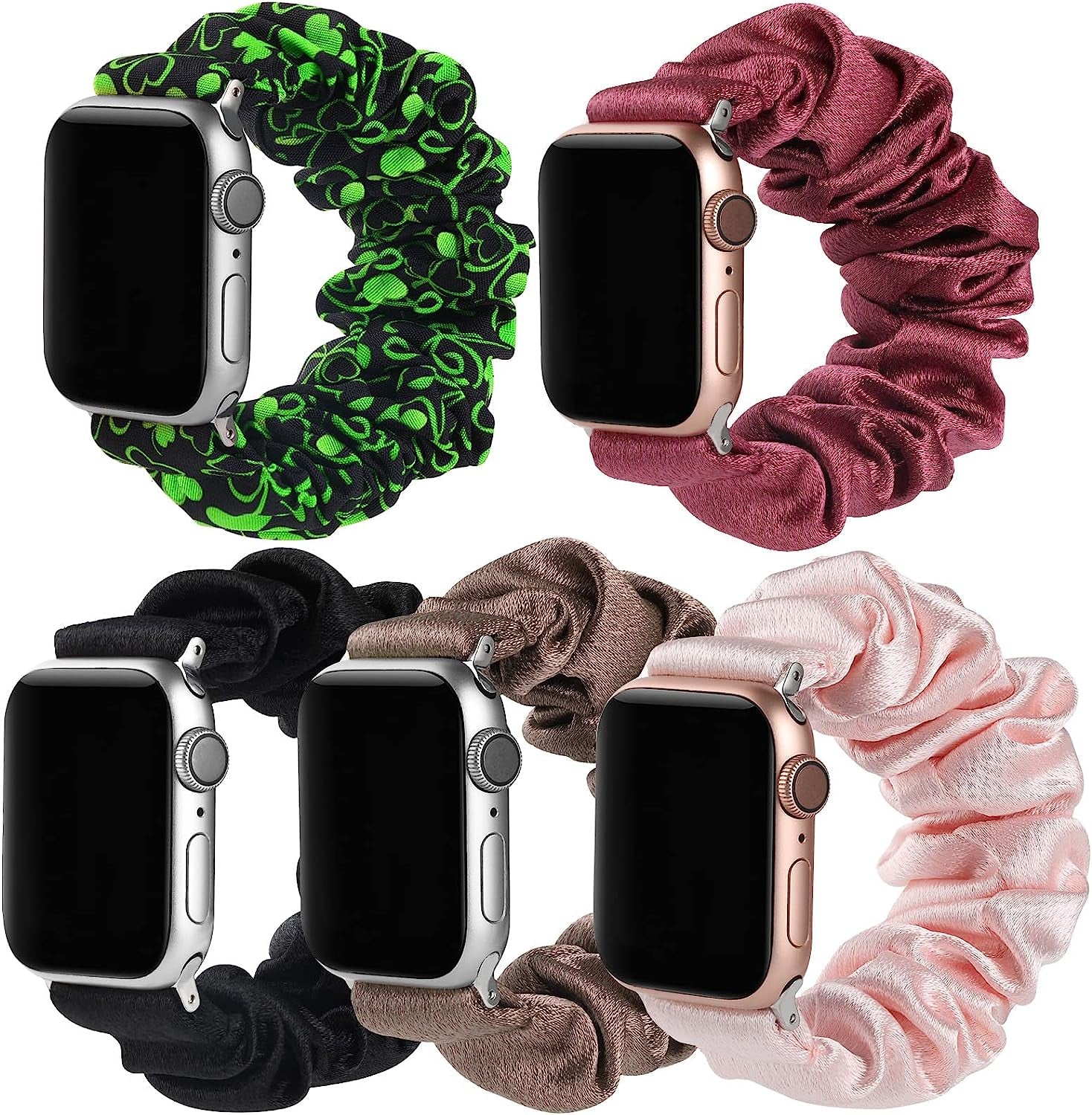 Bigqin 5-Packs Elastic Band Solo Loop Scrunchie Bands Compatible with Apple Watch Series 8 7 (41Mm) Series 6 SE (40Mm) Series 3 2 1 (38Mm), Women Bracelet Strap Compatible with Iwatch 41Mm 40Mm 38Mm  Bigqin Black+Pink+Chocolate+Purple Red+St. Patrick's Day Green Large 