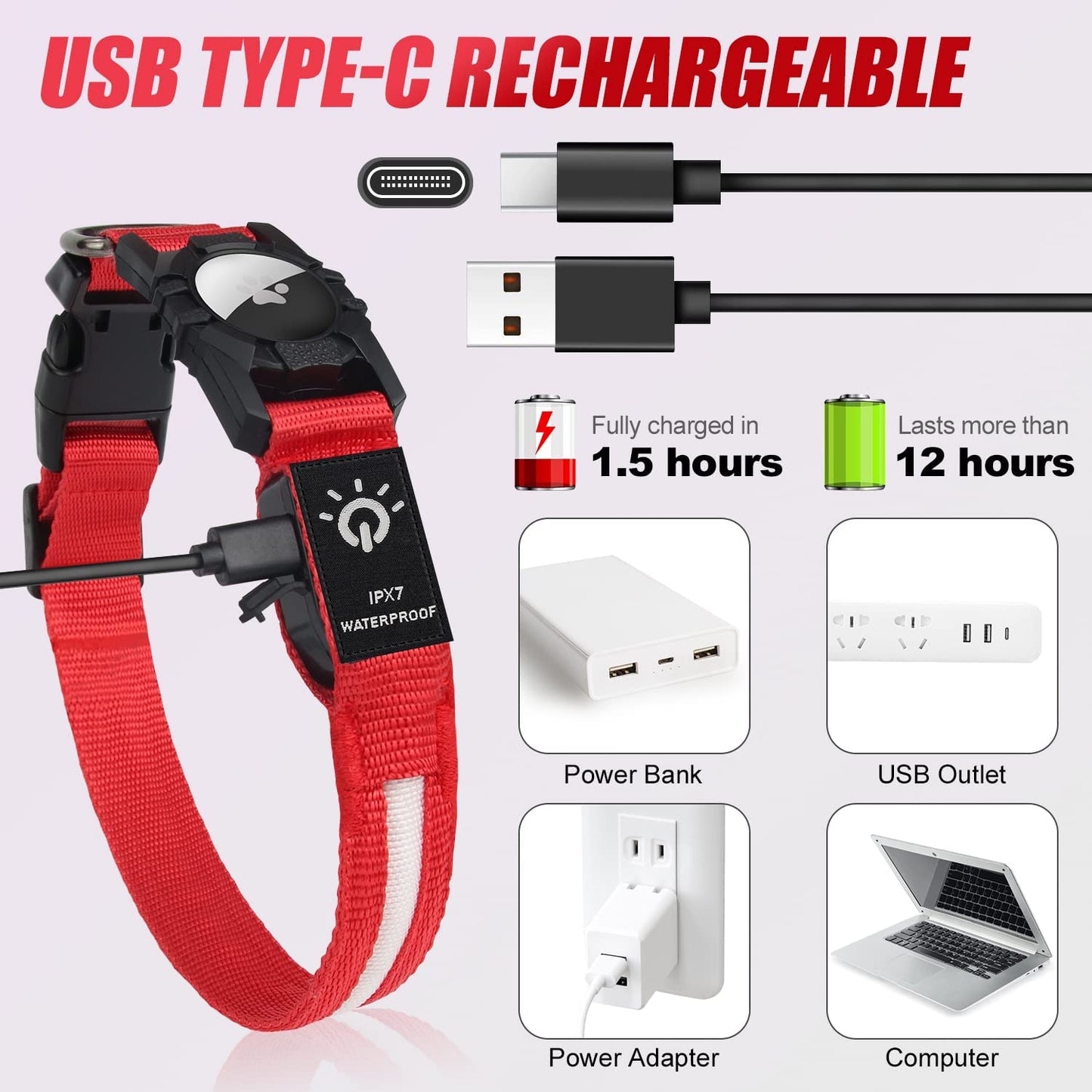 Joytale LED Airtag Dog Collar[100% IPX7 Waterproof], Light up Night Safety Pet Collars for Air Tag, USB C Rechargeable Lighted Glow Nylon Collar with Airtag Holder Case for Large Dogs, Red  Joytale   