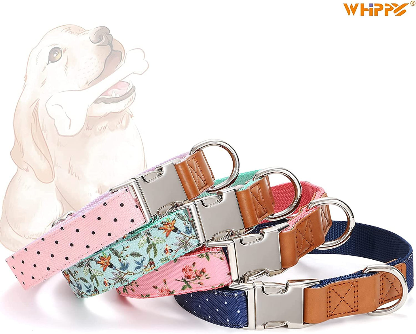 WHIPPY Girl Floral Dog Collar Cute Pink Flower Print Puppy Collar Adjustable Heavy Duty Nylon Collar with Metal Buckle Soft Comfortable Collar for Small Medium Large Dog Pet,M,Flower Pink  WHIPPY   