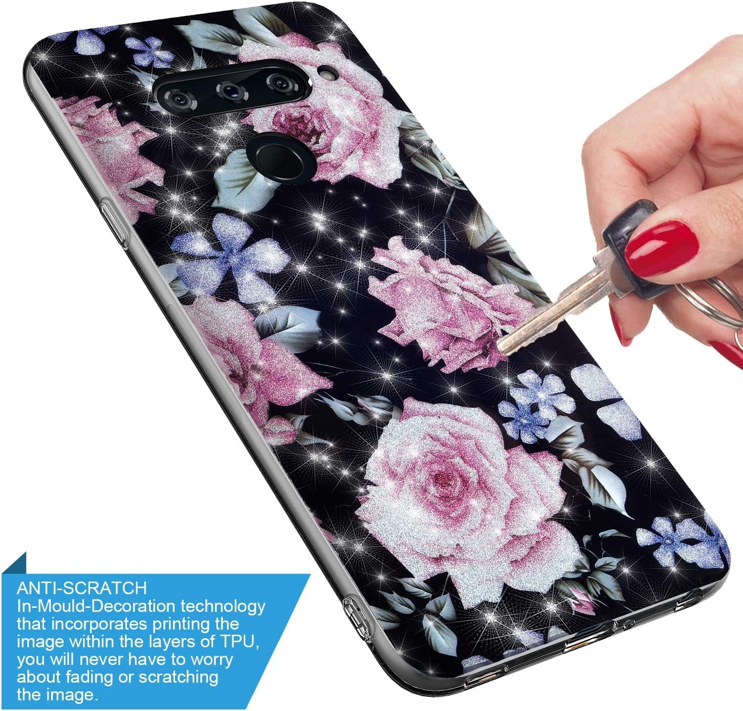 GORGCASE Phone Case Compatible for LG V40 THINQ 2018 Case, LG V40 CASE with Screen Protector,Slim PC Anti-Scratch Shock-Proof Cute Sparkle Bling Girls Women Protective Cover for LG V40 Black Flower  GORGCASE   