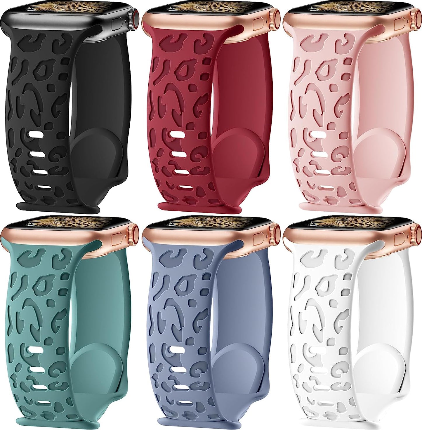 6 Pack Leopard Engraved Bands Compatible with Apple Watch Band 40Mm 44Mm 38Mm 45Mm 49Mm 42Mm Women Men,Waterproof Cheetah Sport Silicone Strap Wristbands for Iwatch SE Ultra Series 8 7 6 5 4 3 2 1  HEARTBOOM C-Black/Dark Pink/Cactus/White/Lavender Grey/Wine Red 42mm/44mm/45mm/Ultra 49mm 