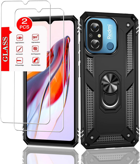 Anvzle for Xiaomi Redmi 12C /Redmi 11A Case with [2 Pack] Tempered Glass Screen Protector, Redmi 12C Case Heavy Duty Armor [Military-Grade] Protective，With Magnetic Ring Stand Phone Cover (Black)  Anvzle   