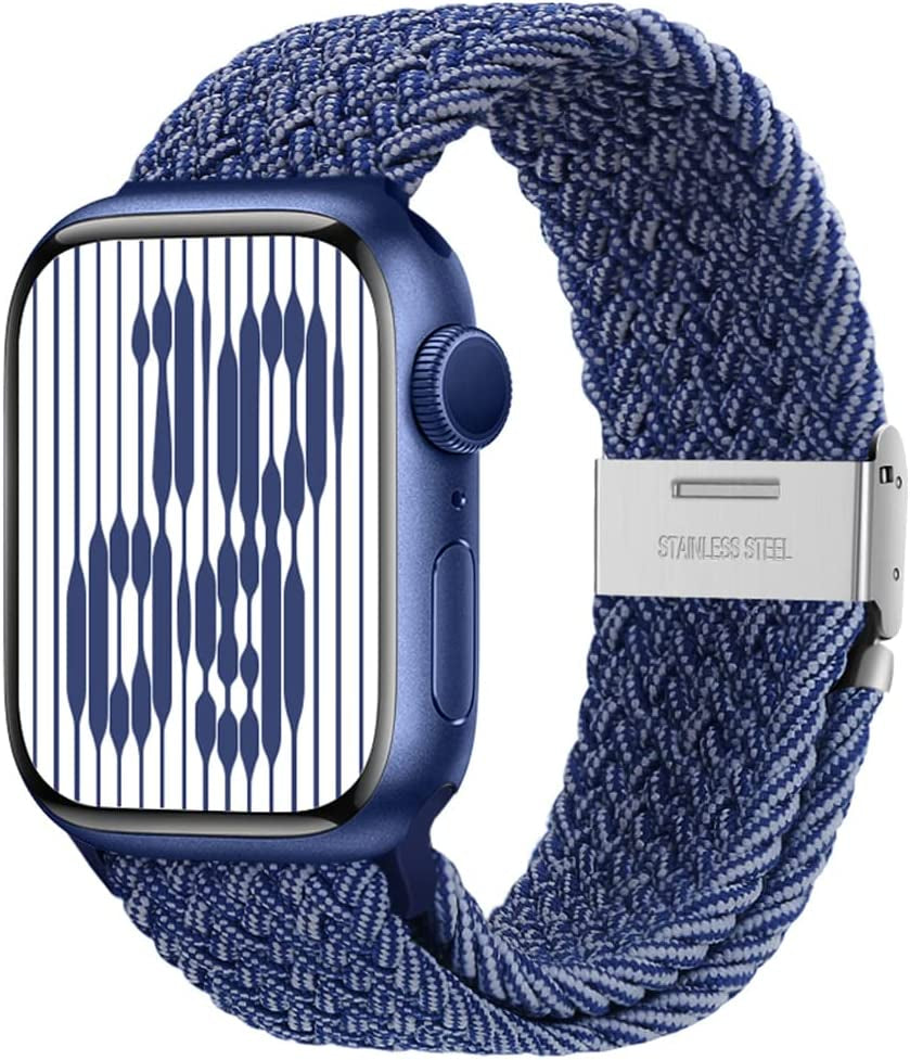 Qimela Compatible with Apple Watch Band 49Mm 45Mm 44Mm 42Mm,Stretchy Sport Solo Loop Strap with Adjustable Buckle,Elastic Nylon Braided Wristband for Iwatch Series 8 7 6 SE 5 4 3 2 1 Ultra,Women Men  FS-TECH Blue-White 42mm/44mm/45mm/49mm 