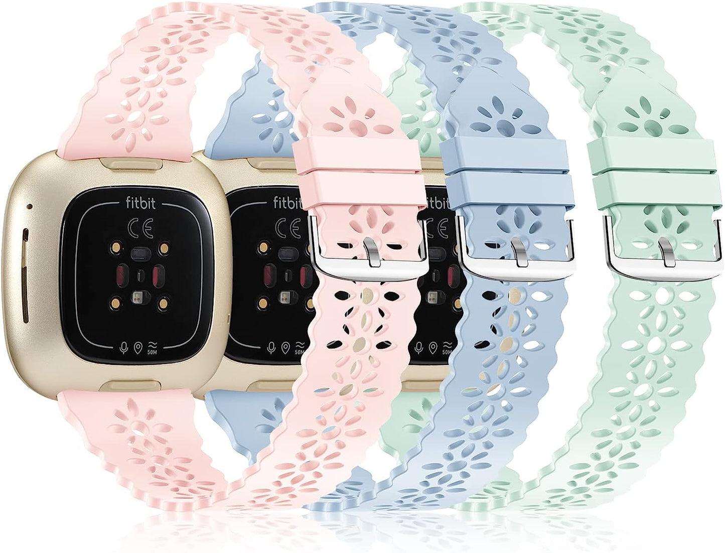 YAXIN 3 Pack Slim Sport Bands Compatible with Fitbit Sense/Fitbit Versa 3 Band/Versa 4 Bands/Fitbit Sense 2 for Women,Soft Silicone Lace Replacement Wristbands for Fitbit Versa Smart Watch  YAXIN F-pink sand/light blue/light green  