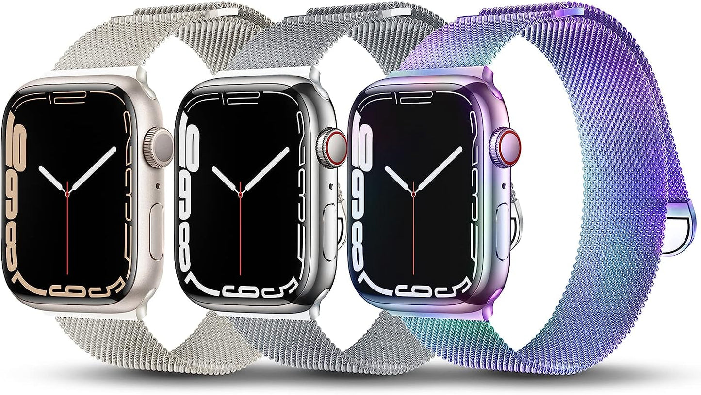TRA 3 Pack Metal Stainless Steel Bands Compatible with Apple Watch Band 49Mm 45Mm 44Mm 42Mm 41Mm 40Mm 38Mm, Magnetic Mesh Loop Strap Wristband for Iwatch Ultra Series 8/SE/7/6/5/4/3/2/1 Men Women  TRA Starlight/Silver/Multicolour 38/40/41mm 