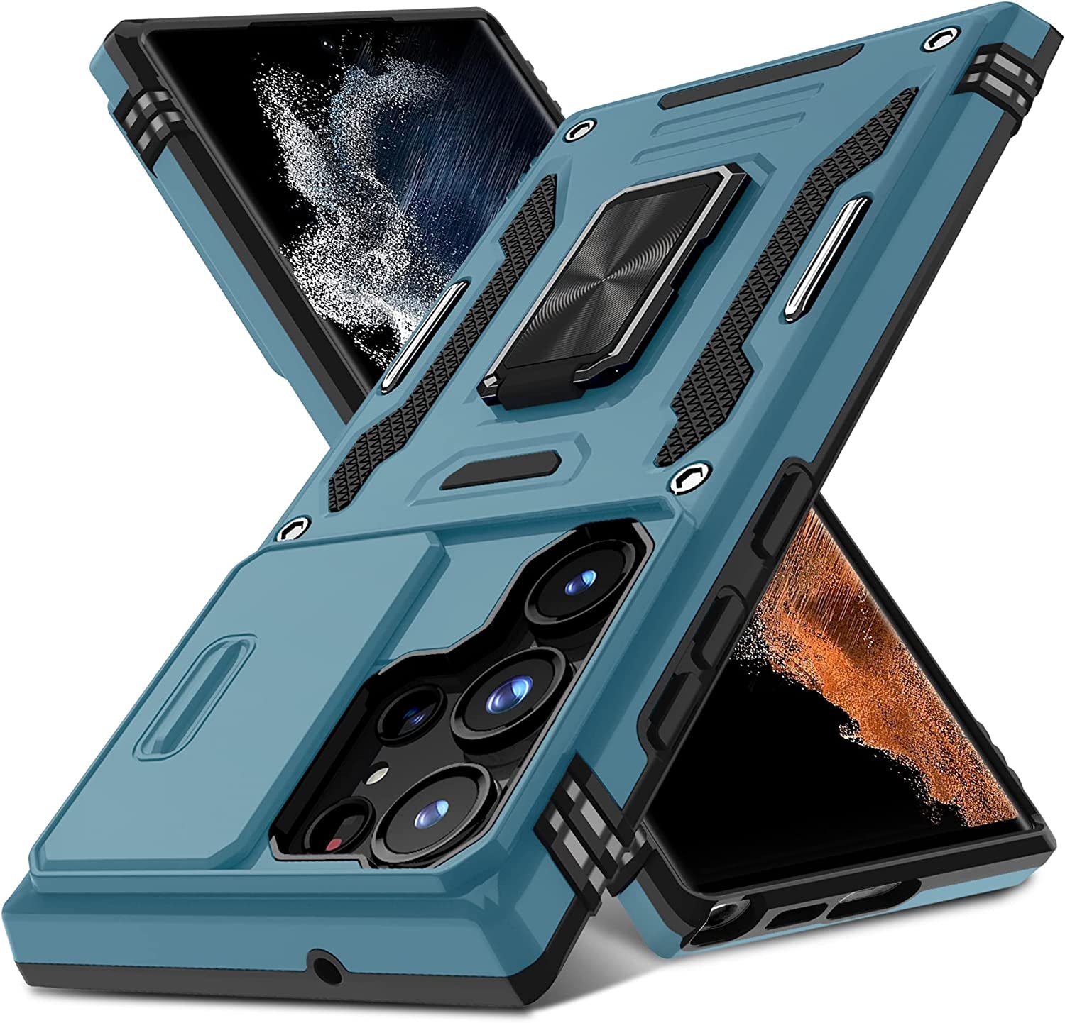 DEERLAMN for Samsung Galaxy S22 Ultra Case with Slide Camera Cover,Built-In Rotated Ring Kickstand [Full Camera Protection] [Military Grade] Heavy Duty Shockproof Protective Case Cover-Black  DEERLAMN Light Blue Samsung Galaxy S22 Ultra-6.8 Inch 