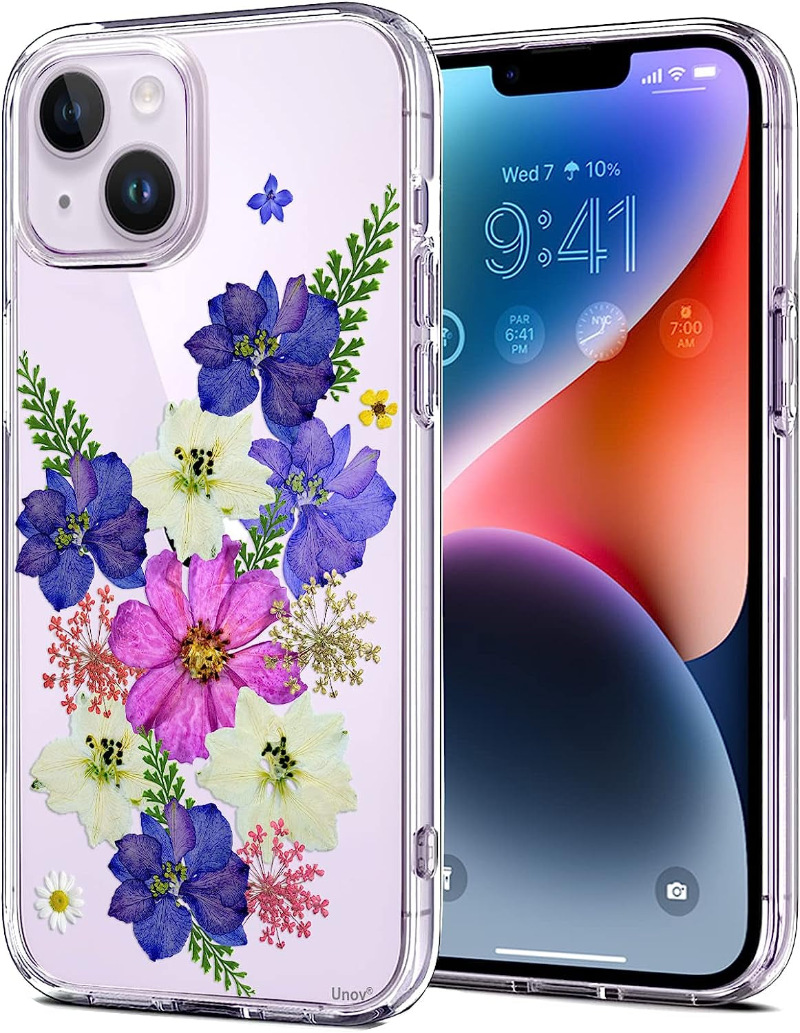 Unov Case Compatible with Iphone 14 plus Case Clear with Design Embossed Pattern Soft TPU Bumper Slim Protective 6.7 Inch (Great Wave)  Unov Very Peri Bouquet  