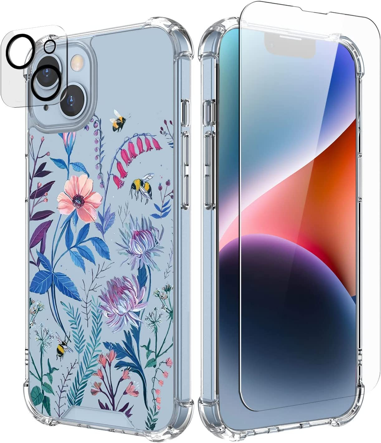 Cutebe [3 in 1 Crystal Phone Case for Iphone 13(2021)/Iphone 14(2022) 6.1", Cute Protective Cover with 9H Temper Glass Screen Protector + HD Temper Camera Lens Protector for Women, Girls  Cutebe Bee and Flower iPhone 13/14 Case 6.1 Inch 