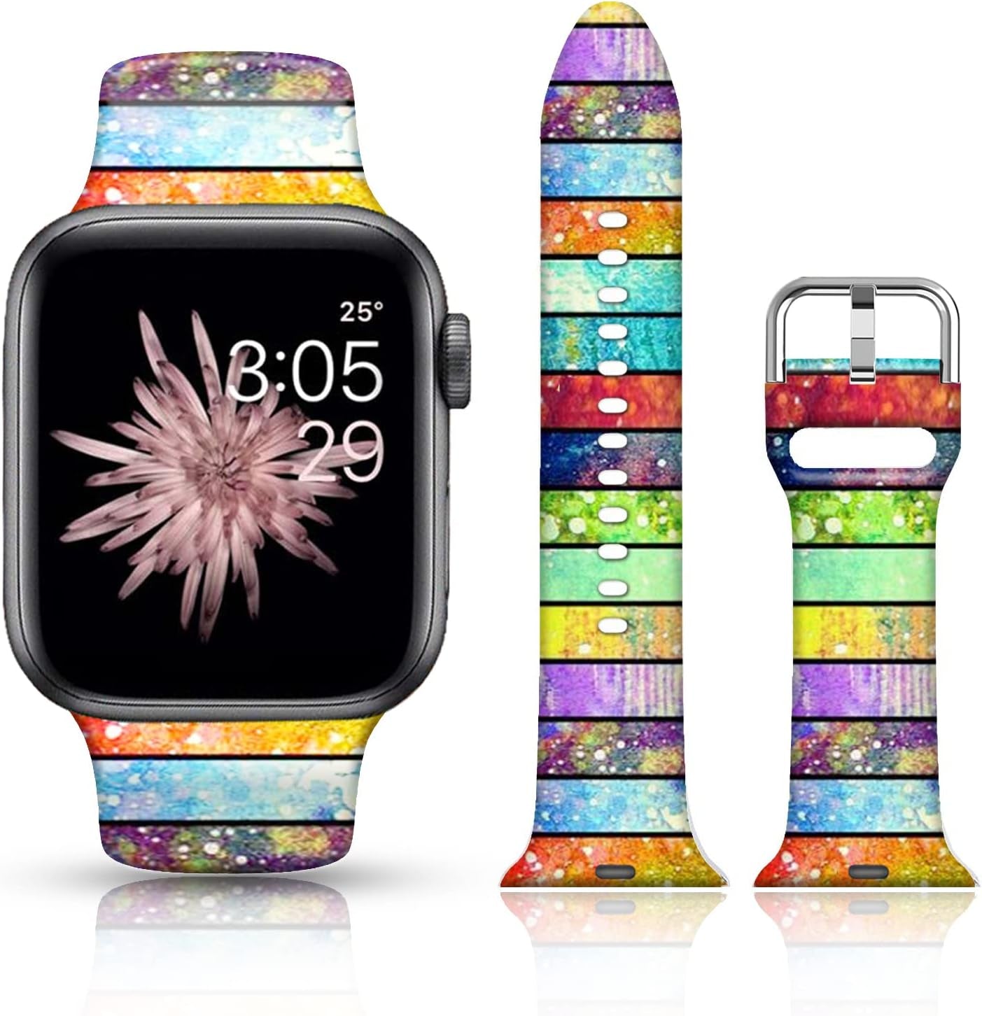 FTFCASE Silicone Floral Bands Compatible with Apple Watch 49Mm 45Mm 44Mm 42Mm, Gray Pattern Printed Soft Silicone Sport Strap Replacement for Iwatch SE Series 8 7 6 5 4 3 2 1 for Women Men Girls  FTFCASE Rainbow Stripes 38mm/40mm/41mm 