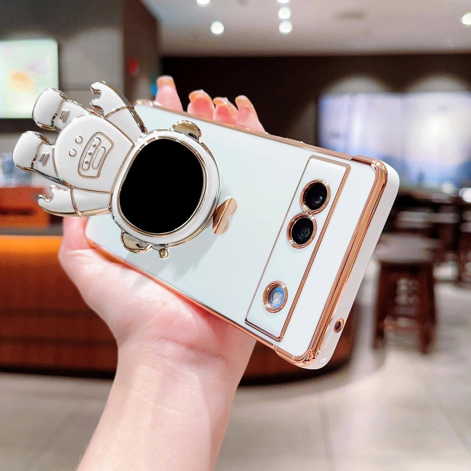 Phylla Phone Case for Google Pixel 7A 6.1” 5G,Luxury Plating Astronaut Stand Holder Phone Case with Cute Love Heart Side Small Pattern Soft Silicone Shockproof Kickstand Cover Bumper (White)  phylla   