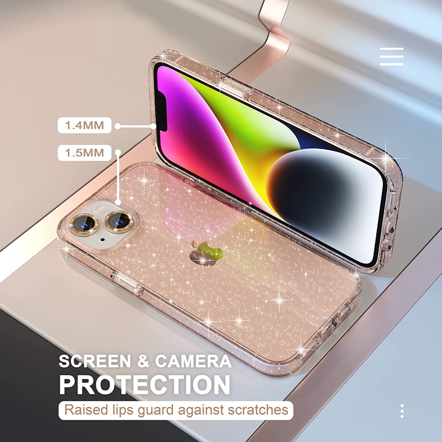 Choiche Compatible for Iphone 14 Case Cute, Women Clear Glitter Bling Sparkly Case, [2 X Diamond Camera Lens Protectors] [2 X Tempered Glass Screen Protectors] 6.1-Inch (Glitter Gold)  Choiche   