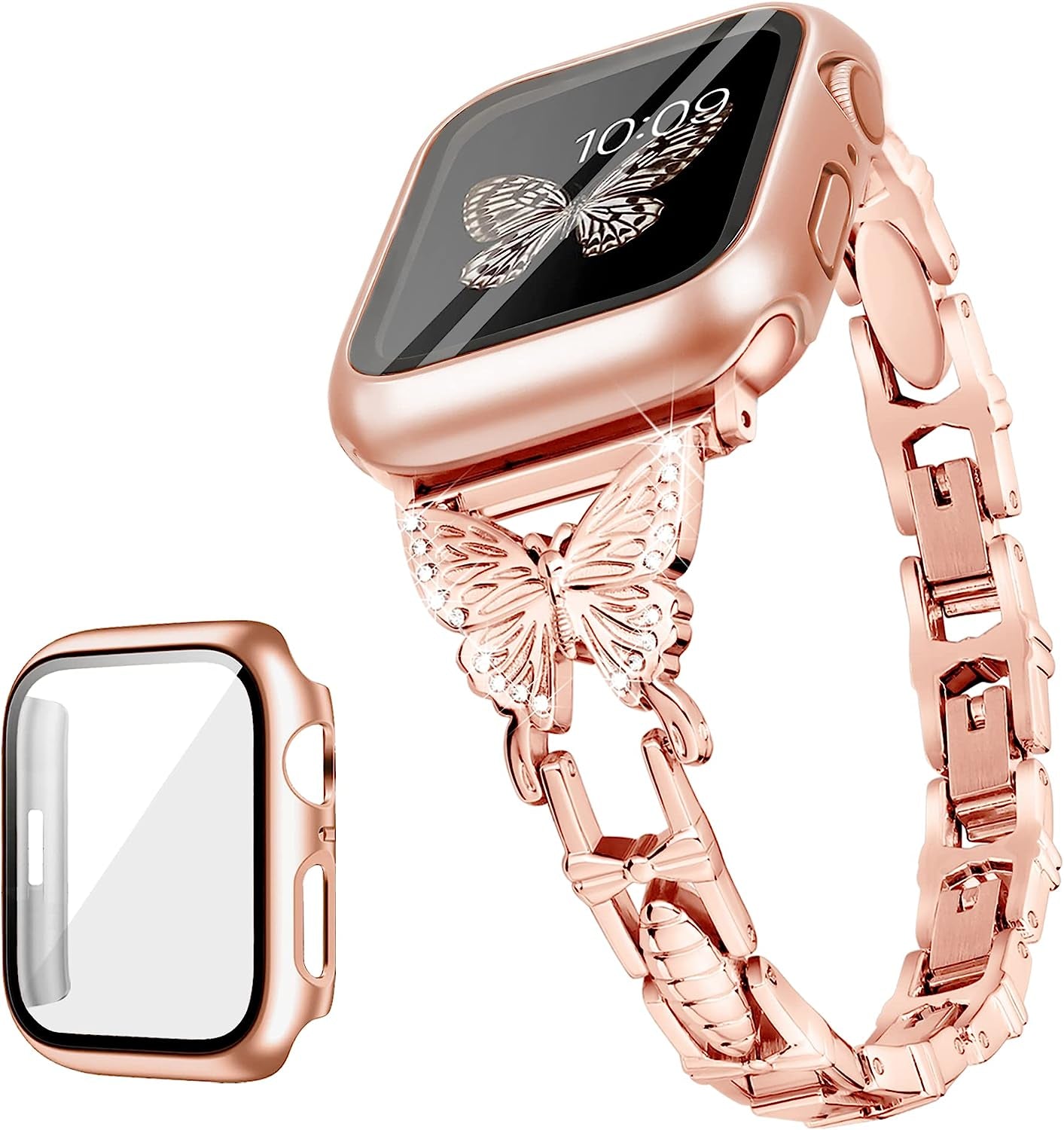 Wipalor Compatible with Apple Watch Band 42Mm 44Mm 45Mm 49Mm, Lightweight for Women, Easy Adjustable Bracelet, Shiny Diamond on Butterfly, Jewelry Metal Strap for Iwatch Series 8 7 6 5 4 3 2 1 SE Ultra(Rose Gold)  NB-tech Company Trendy Case&Rose Gold Band Case+Band 45mm 