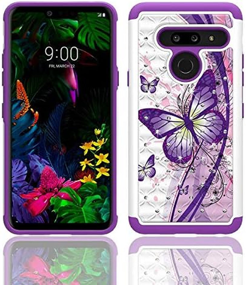 Tommulti [Butterfly Series Case for LG G8 Thinq, Phone Case for LG G8, Studded Rhinestone Crystal Bling Cover Case (Black-Gold Butterfly)  Wireless White-Purple Butterfly  