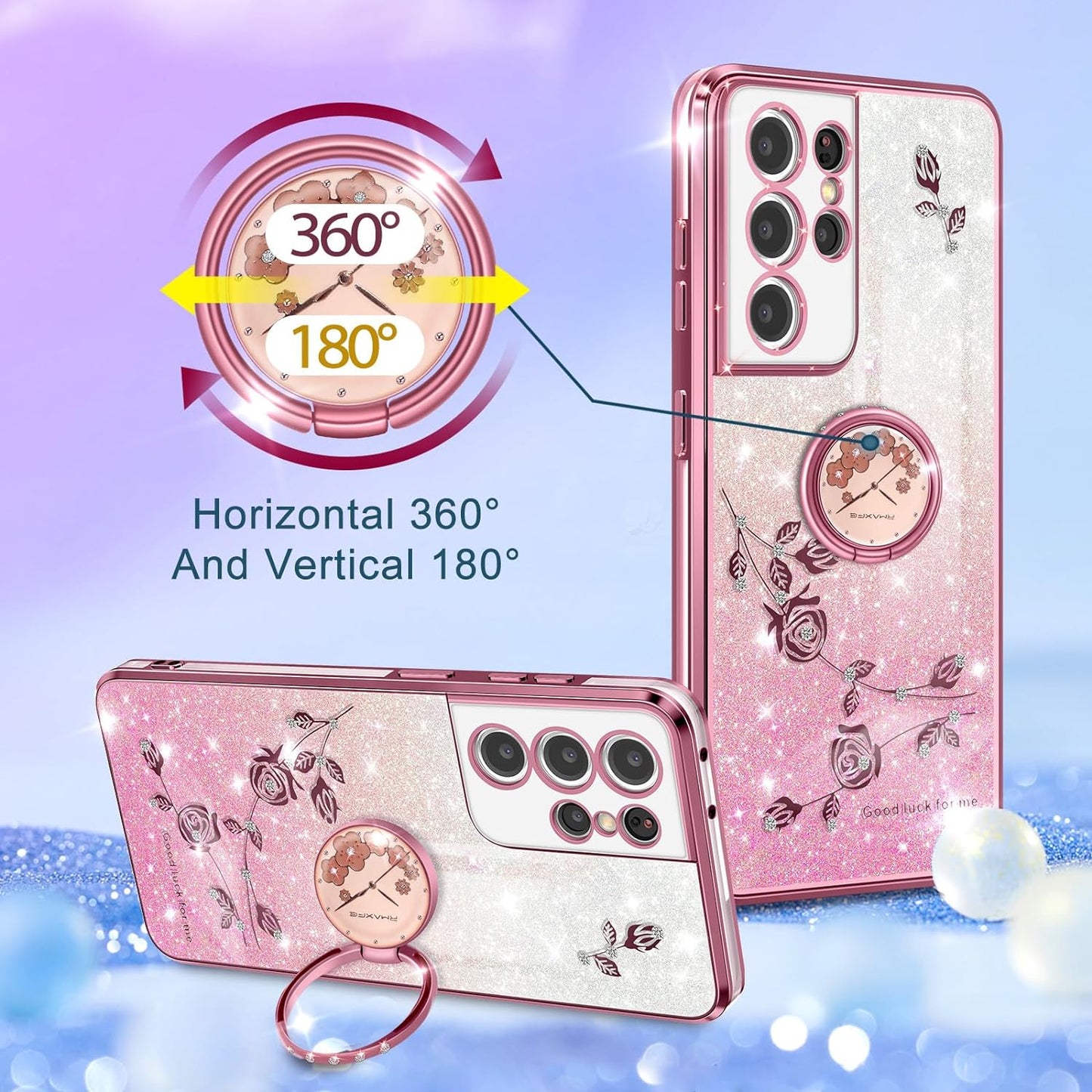 Coralogo (3In1 for Samsung Galaxy S21 Ultra Case Glitter Sparkly for Women Girls Sparkle Girly Bling Shiny Cover Cute Flowers Flora Unique Design with Ring Pretty Cases for Galaxy S21 Ultra 5G 6.8''  Coralogo   