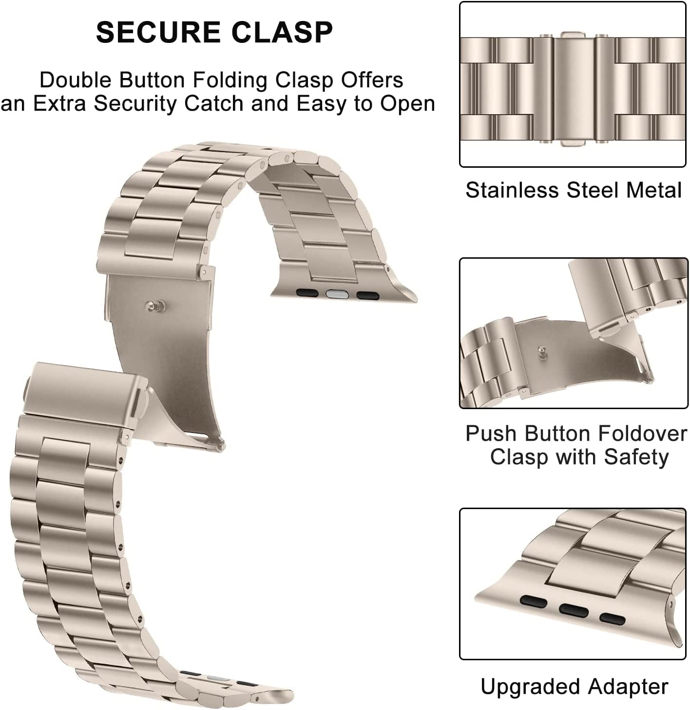 HITZEE Compatible with Apple Watch Band 45Mm 44Mm 42Mm Business Stainless Steel Metal Strap Men Women Link Bands with Case Compatible for Apple Watch SE Series 8 7 6 5 4 3 2 1, 42/44/45Mm Starlight  HITZEE   