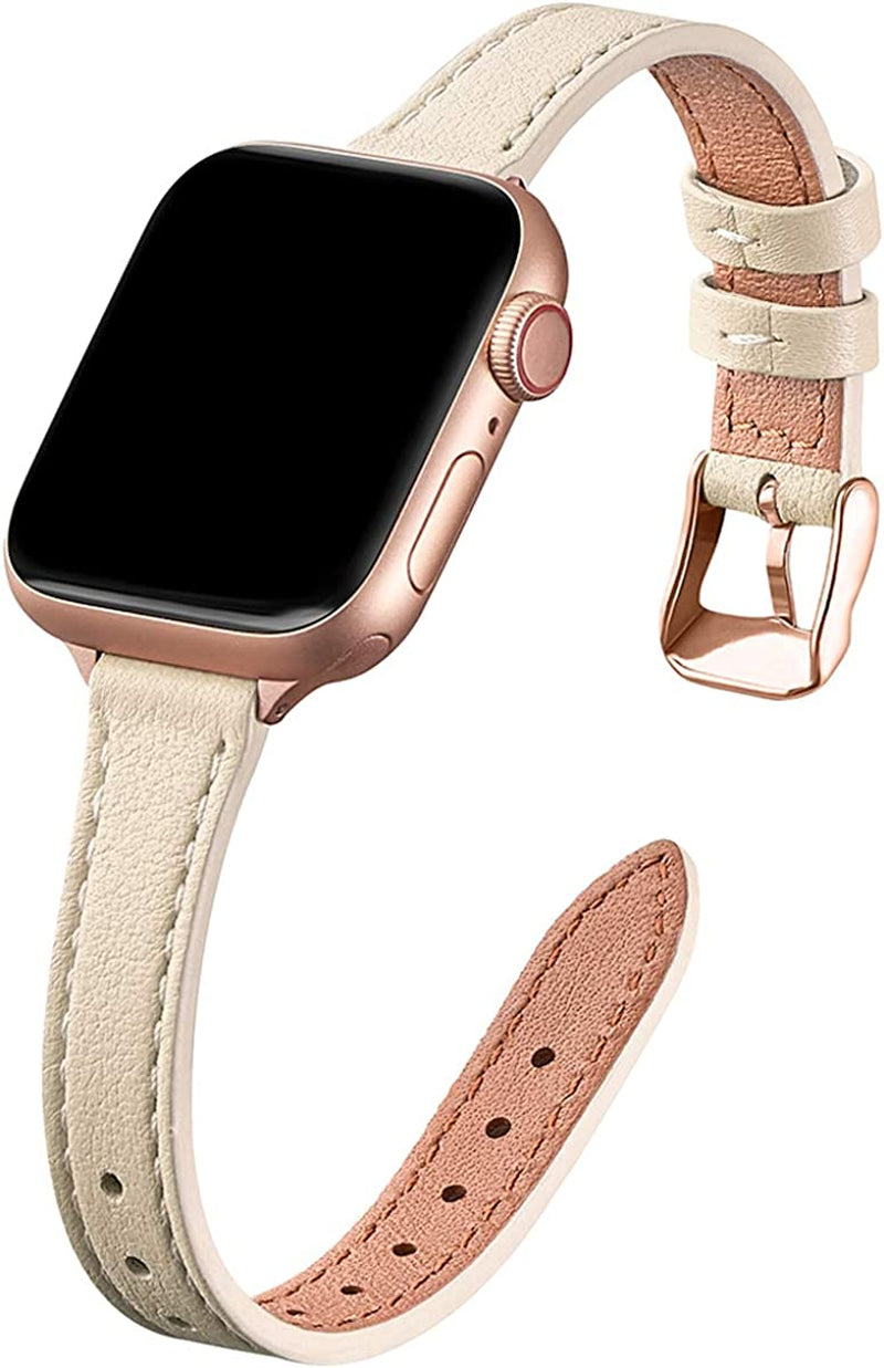 STIROLL Slim Leather Bands Compatible with Apple Watch Band 38Mm 40Mm 41Mm 42Mm 44Mm 45Mm 49Mm, Top Grain Leather Watch Thin Wristband for Iwatch Ultra SE Series 8/7/6/5/4/3/2/1  STIROLL Beige with Rose Gold 42mm/44mm/45mm/49mm 