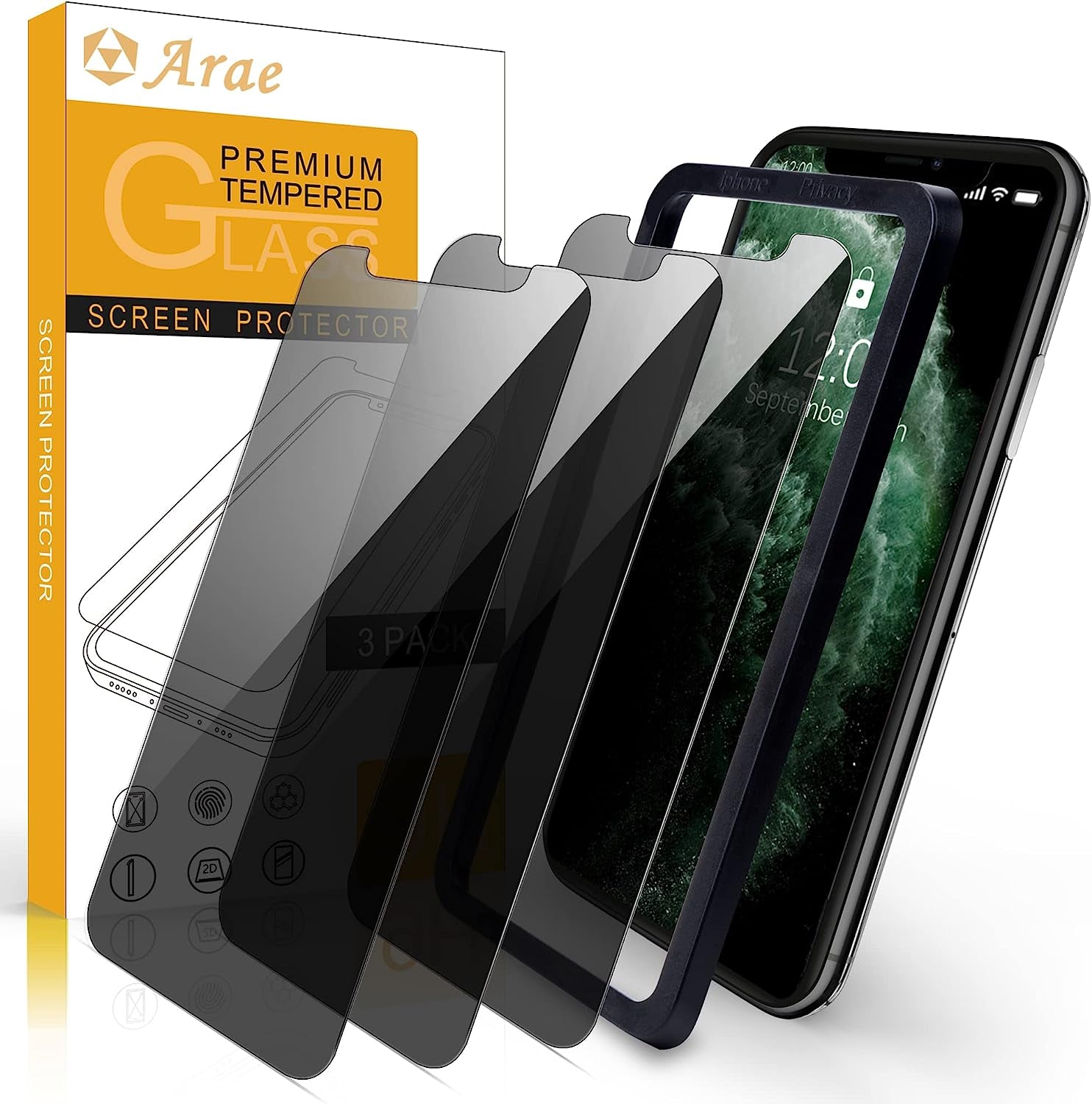 Arae Screen Protector for Iphone 11 Pro/Iphone Xs/Iphone X, HD Tempered Glass, anti Scratch Work with Most Case, 5.8 Inch, 3 Pack  eTemall Privacy Black  