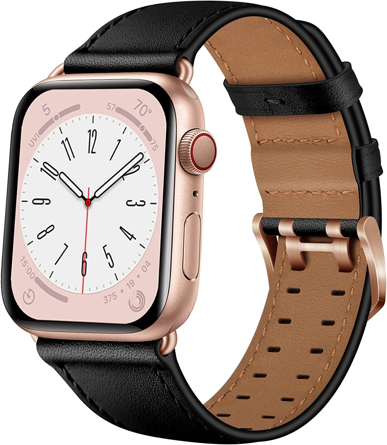 OUHENG Leather Bands Compatible with Apple Watch Band 49Mm 45Mm 44Mm 42Mm, Genuine Leather Replacement Band Strap Wristband for Iwatch Ultra Series 8 7 6 5 4 3 2 1 SE2 SE Men Women, Retro Brown/Black  OUHENG Black/Rose Gold 49mm/45mm/44mm/42mm 