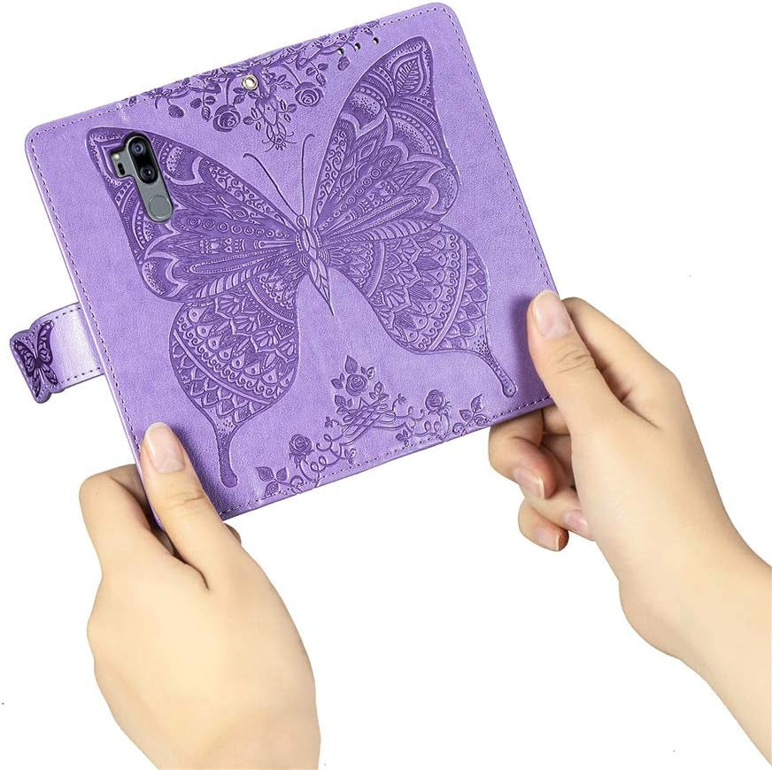 LEECOCO LG G7 Thinq Case Premium PU Leather Flip Wallet Case Butterfly Embossed Full Body Protection Flip Stand Card Holder Magnetic Cover for LG G7 Thinq/Lg G7 One Big Butterfly Light Purple SD  LEECOCOO   