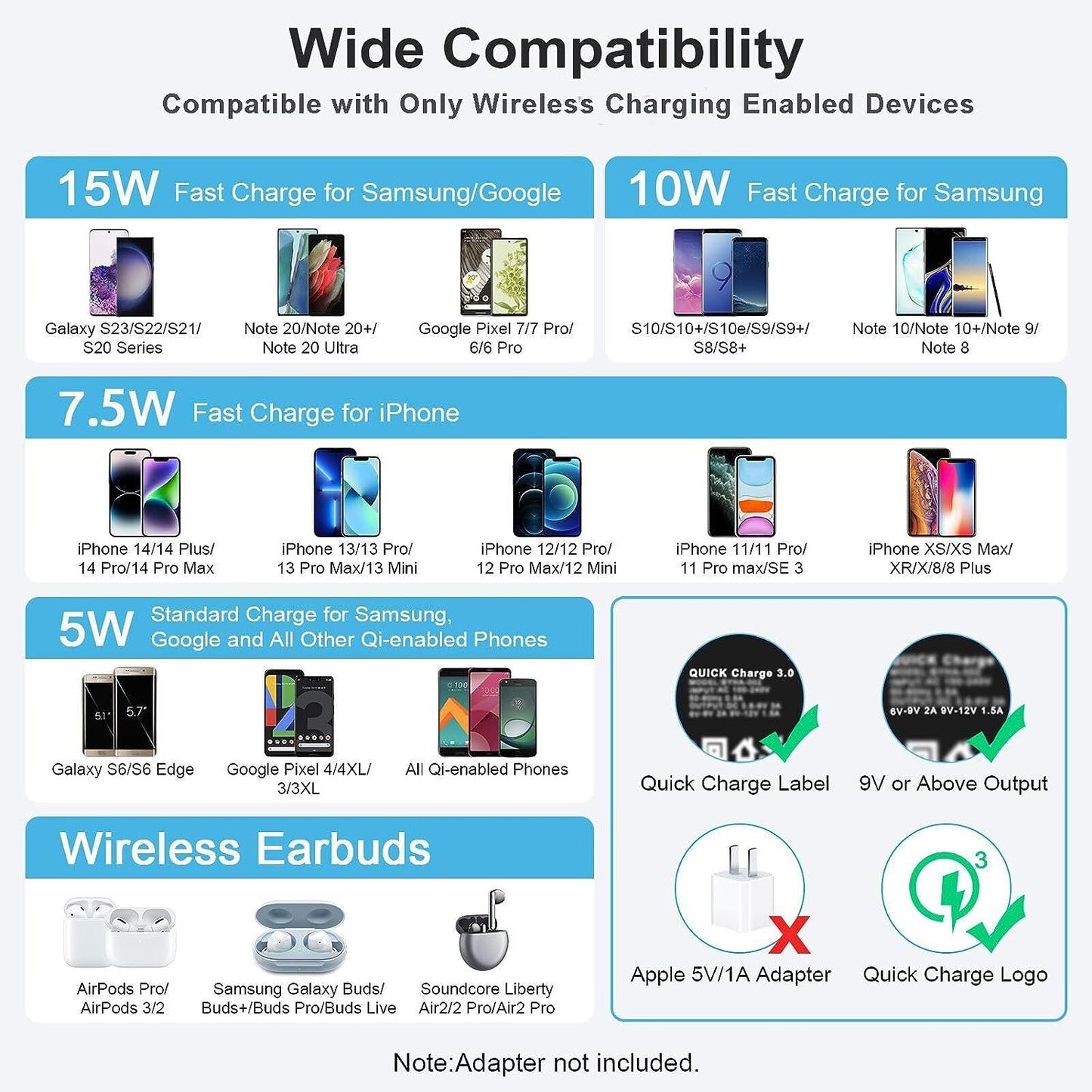 15W Wireless Charger Fast Charging Pad Compatible Samsung Galaxy S23 S22 S21 S20 Ultra 5G S10 S9 S8,Galaxy Buds,Note 20 10,Iphone 14 13 12 11 Pro Max SE 3,Google Pixel 7 Pro 6 5 4 3,Airpods 3/2/Pro  Shenzhen Chuang Wei Da Technology Co., LTD   