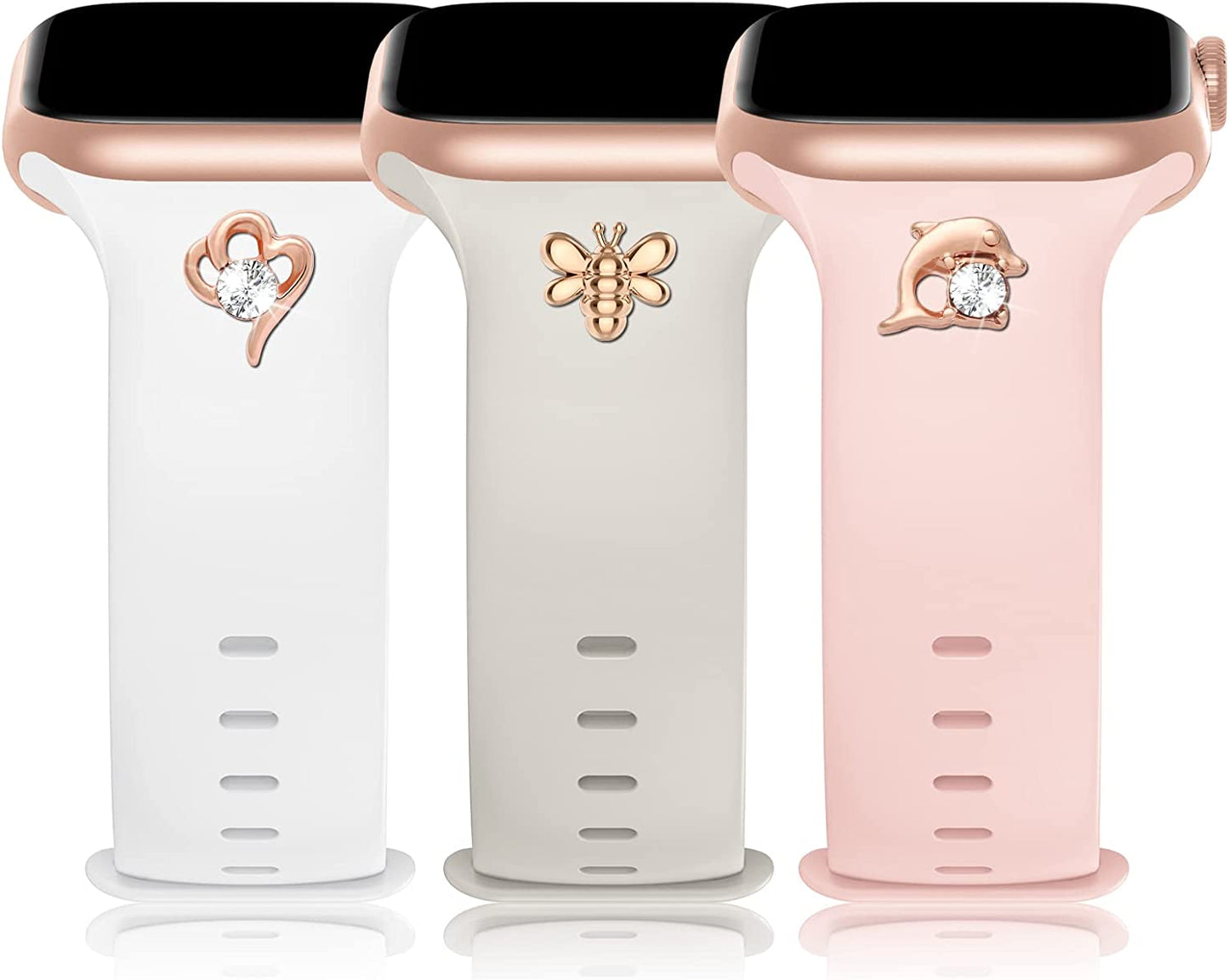 3 Pack Sport Band with DIY Charms Compatible with Apple Watch Bands 41Mm 40Mm 38Mm, Designer Soft Silicone Wristbands Replacement Strap for Iwatch Series SE 8 7 6 5 4 3 2 1 Utral for Women Men  Plesechde White/Sand Pink/Starlight 42mm/44mm/45mm/49mm 