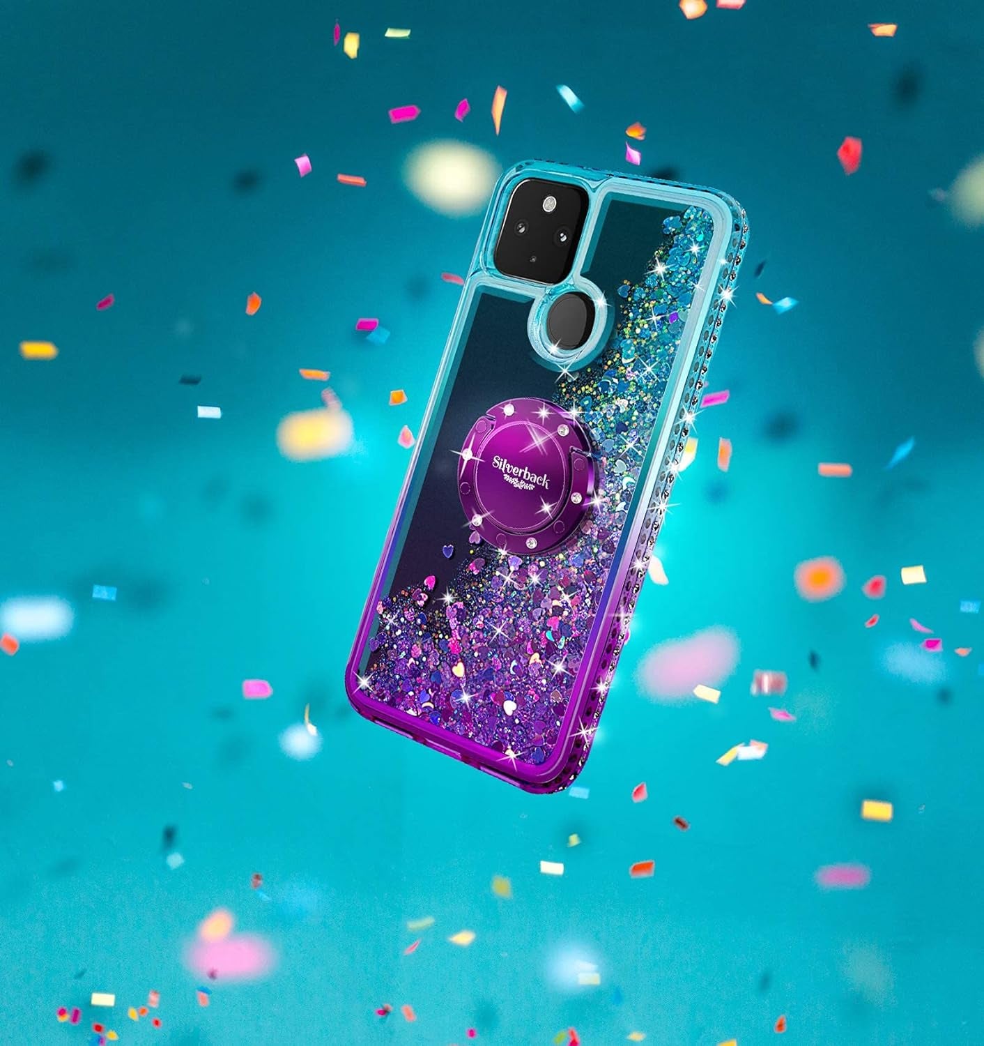 Silverback for Google Pixel 5 Case, Moving Liquid Holographic Sparkle Glitter Case with Kickstand, Girls Women Bling Diamond Ring Slim Protective Case for Google Pixel 5 5G -Purple  Silverback   