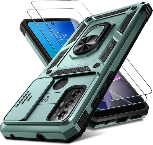 Motorola Moto G Play 2023 Case,Moto G Power 2022/Moto G Pure Case Built in Slide Camera Lens Cover+Screen Protector+Finger Ring Holder Kickstand,Heavy Duty Shockproof Full Body Phone Cover,Dark Green  Janmitta   