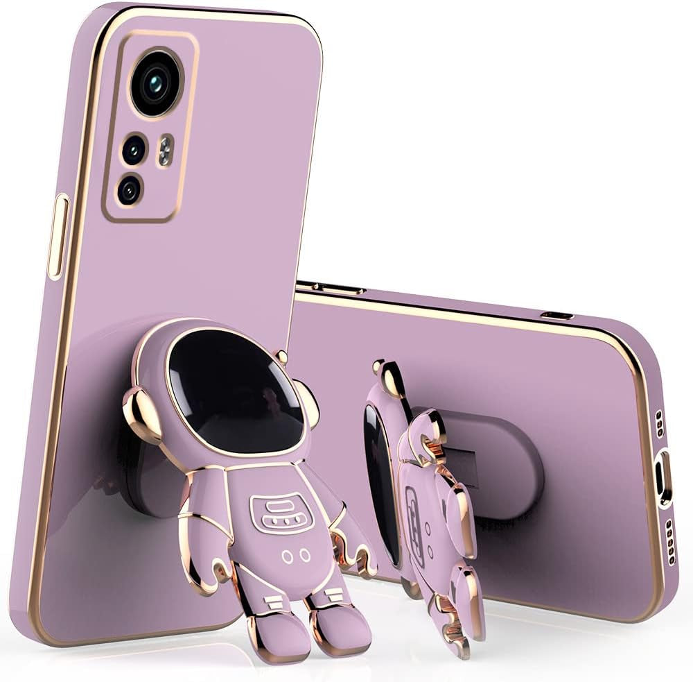 Compatible with Redmi Note 12S Case with Plating Creative Astronaut Cartoon Holder Pink, Xiaomi Redmi Note 12S Phone Case Silicone Shockproof Stand Soft TPU Protective Slim Cover (Pink)  Wousunly Purple  