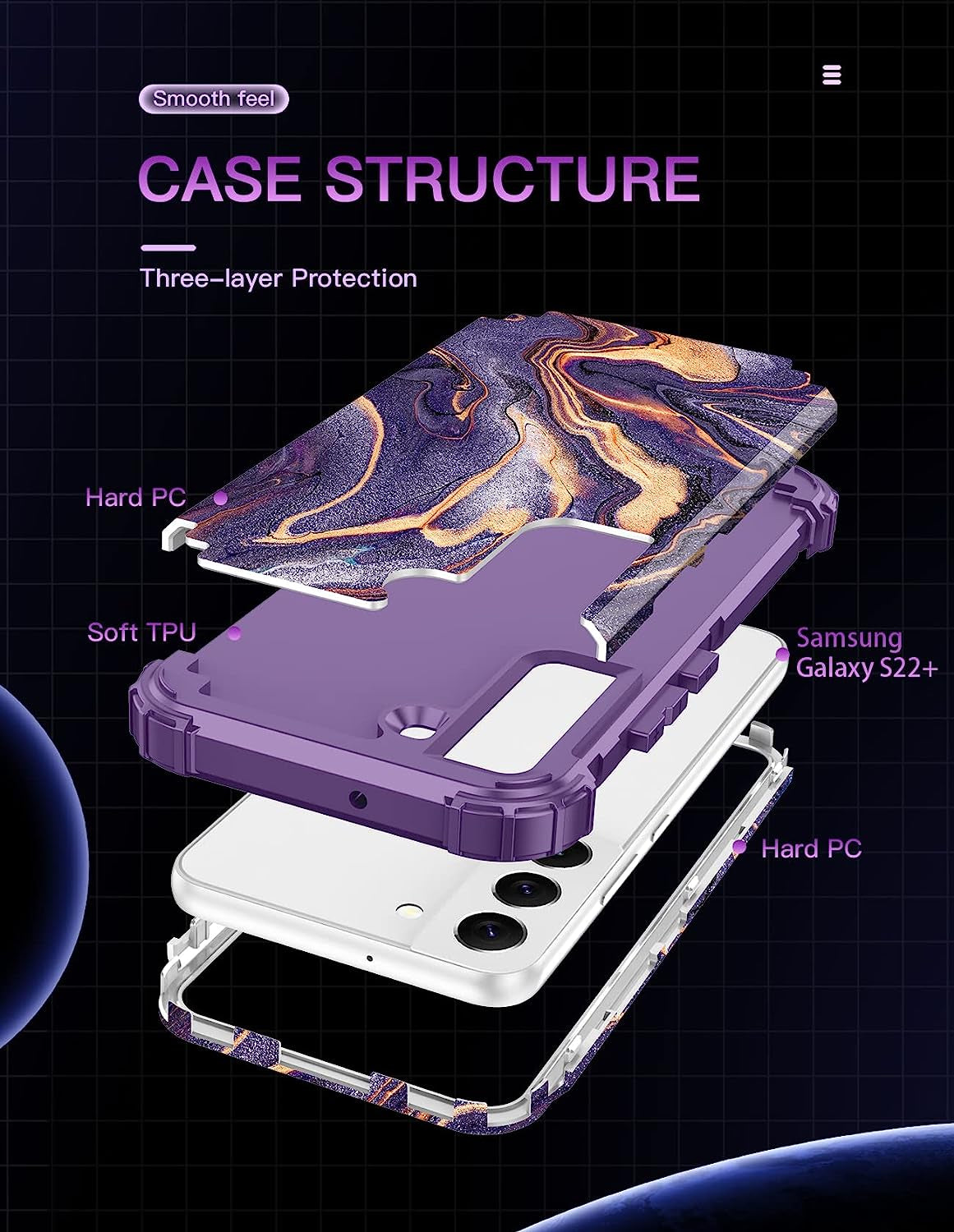 LONTECT for Galaxy S22 plus Case Shockproof 3 in 1Heavy Duty Rugged Hybrid Sturdy High Impact Durable Protective Cover Case for Samsung Galaxy S22 Plus/S22+ 5G 6.6 2022,Marble/Dark Purple  Lontect   