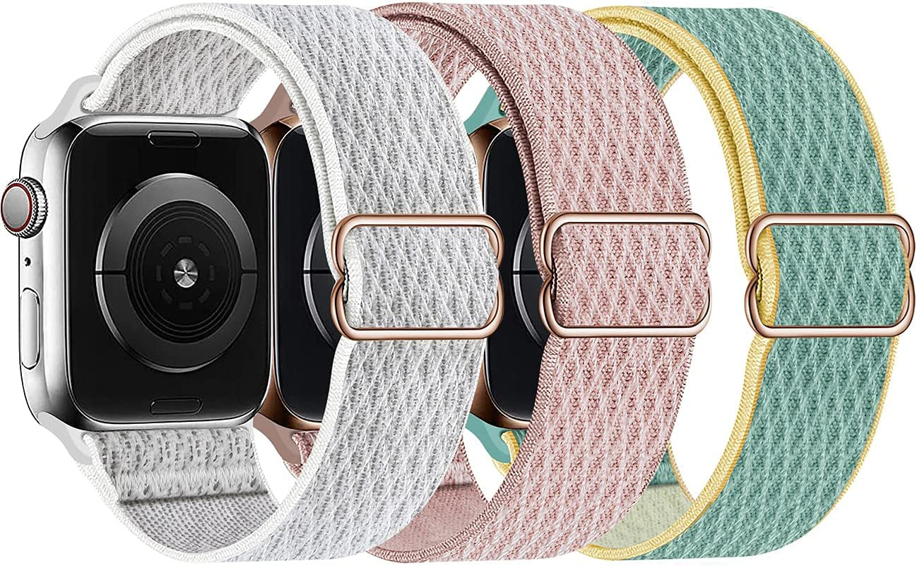 Swhatty Stretchy Nylon Solo Loop Bands Compatible with Apple Watch 41Mm 40Mm 38Mm, Adjustable Braided Sport Elastics Women Men Strap for Iwatch Series 8 7 6 5 4 3 2 1 SE (Black, Rose Pink, Cream)  Swhatty Sunshine/Rose Pink/Summite White 38mm/40mm/41mm 