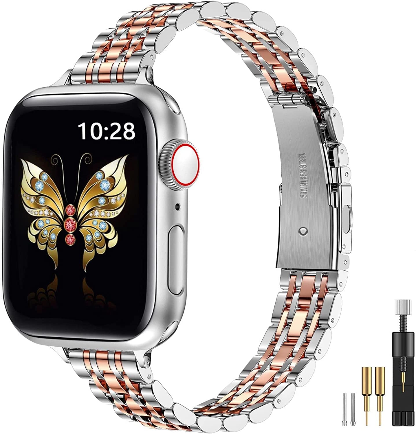 Miohhr Slim Metal Bands Compatible with Apple Watch Band Series 8/7(45Mm 41Mm),Series SE 6/5/4(40Mm 44Mm),Series 3/2 /1(38Mm 42Mm), Thin Stainless Steel Chain Strap for Women Iwatch Band  MioHHR Silver/Rose Gold 41mm 40mm 38mm 