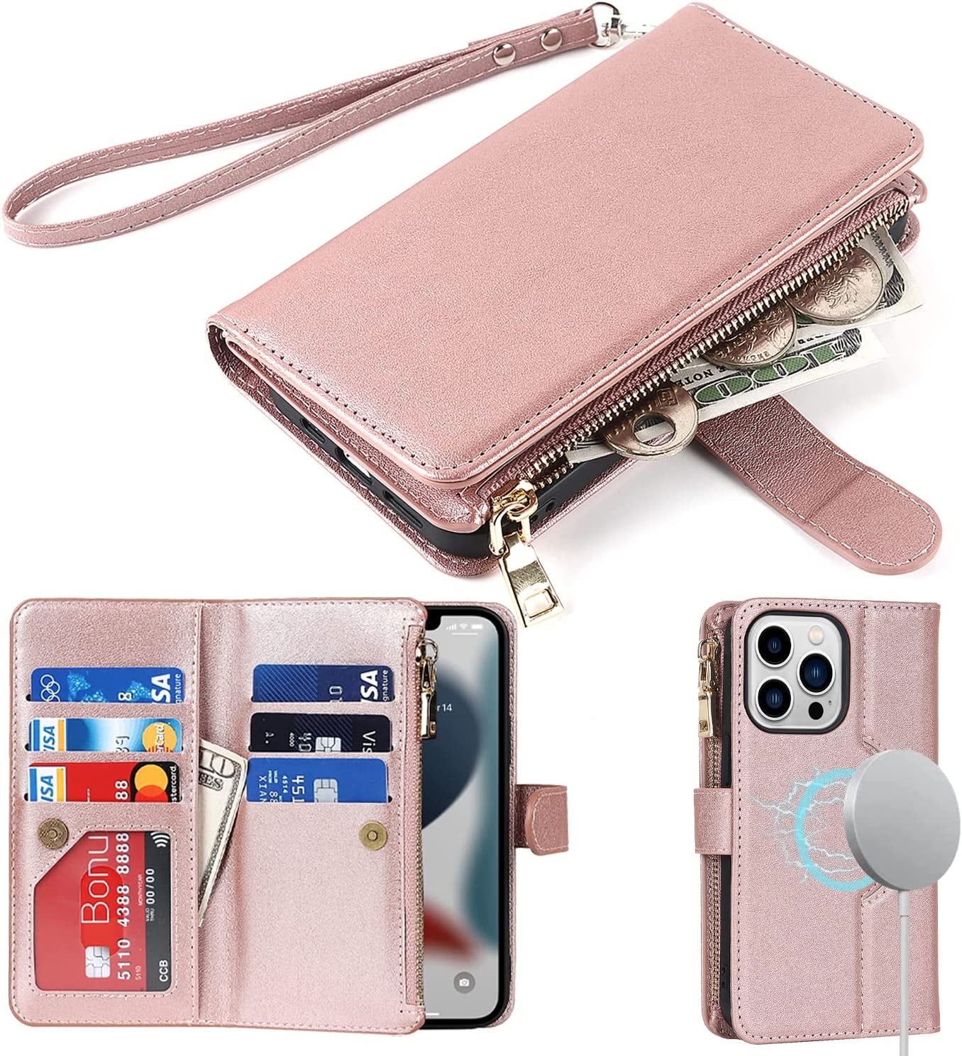 Ｈａｖａｙａ Iphone 13 Pro Max Case Wallet Magsafe Compatible,Iphone 13 Pro Max Phone Case with Card Holder,Flip Magnetic Zipper Magnetica Wallet Cover for Women Men -Wine Red  Ｈａｖａｙａ Rose gold iPhone 12 Pro Max 