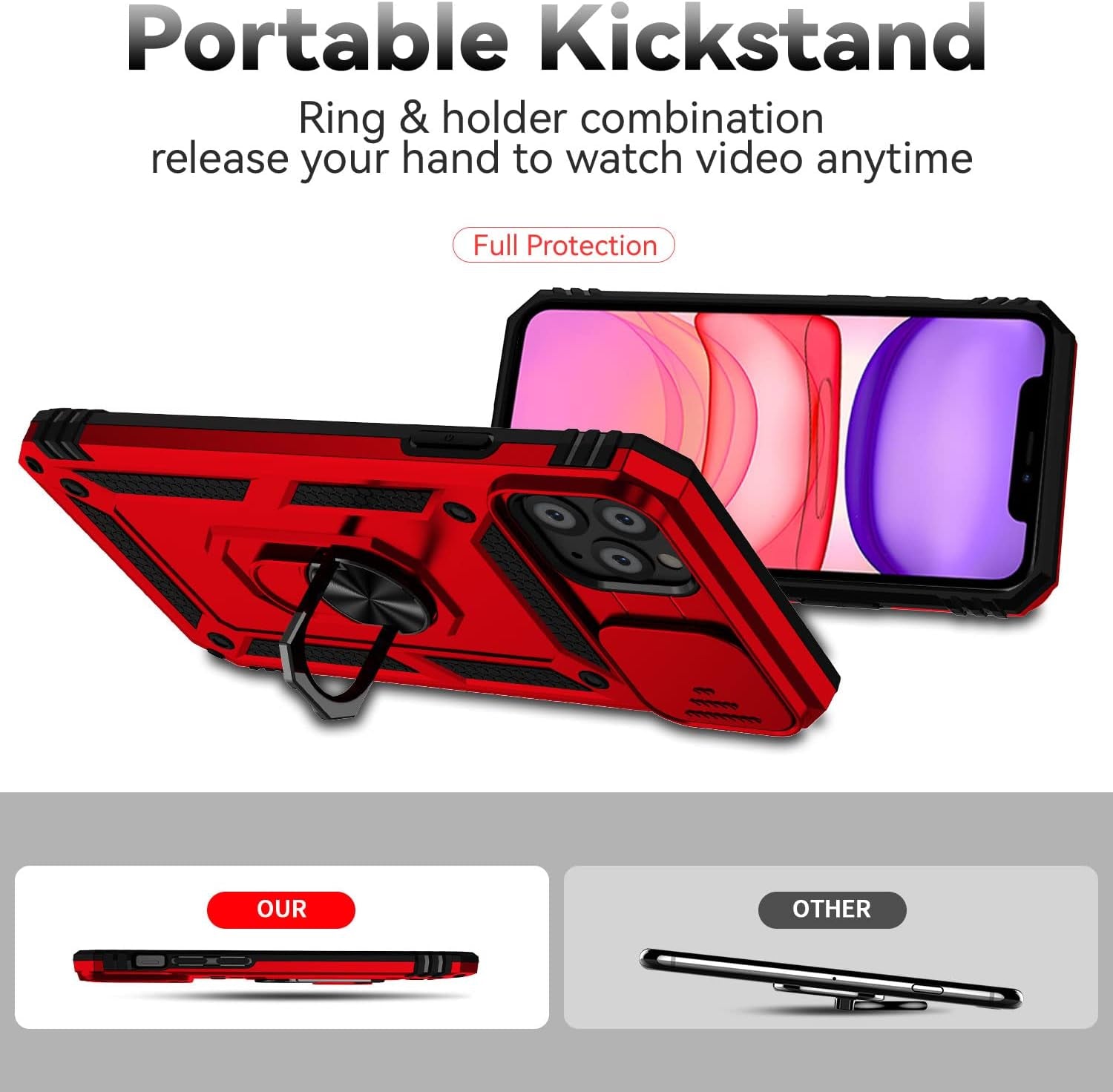 YZOK for Iphone 11 Pro Max Case with Slide Camera Cover+ HD Screen Protector,Rotated Ring Kickstand Military Grade Shockproof Protective Cover-Red  YZOK   