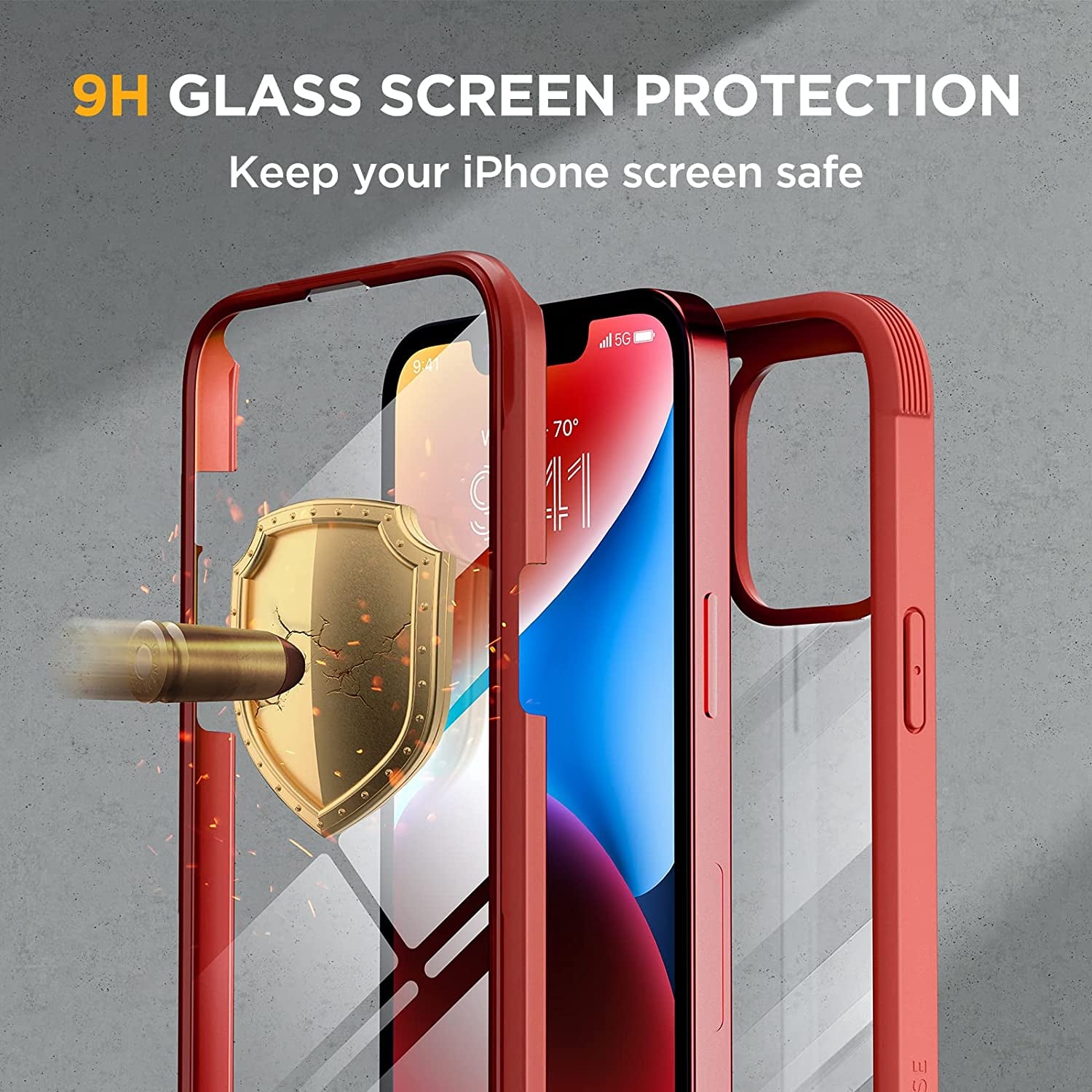 Miracase Glass Series Designed for Iphone 14 Case 6.1 Inch, 2023 Upgrade Full-Body Clear Bumper Case with Built-In 9H Tempered Glass Screen Protector and Camera Lens Protector,Red  Miracase   