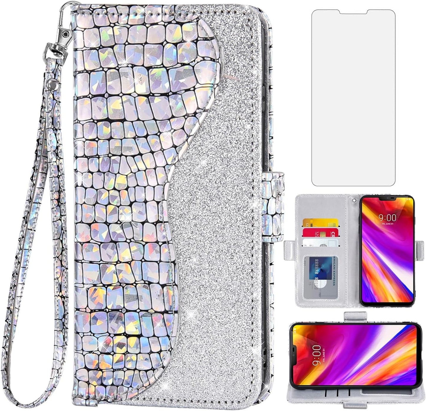 Asuwish Phone Case for LG G7 Thinq Wallet Cover with Screen Protector and Flip Card Holder Bling Glitter Cell LGG7 One G 7 plus LG7 Fit Lg7Thinq 7G Thin Q G7+ G7Thinq Lgg7Thinq Women Girls Silver  Asuwish   