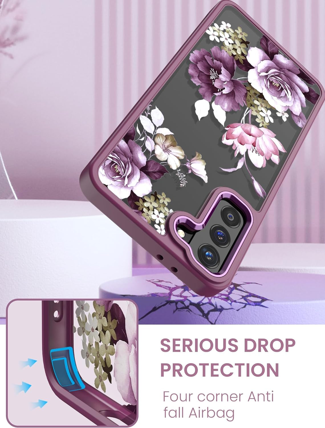 Dretal for Samsung Galaxy S21 plus 5G Case Floral, Galaxy S21+ Case, Military Grade Drop Tested Hard Back & Soft Edge Slim Flower Women Girls Protective Cover +Tempered Glass Screen Protector (Purple)  Dretal   