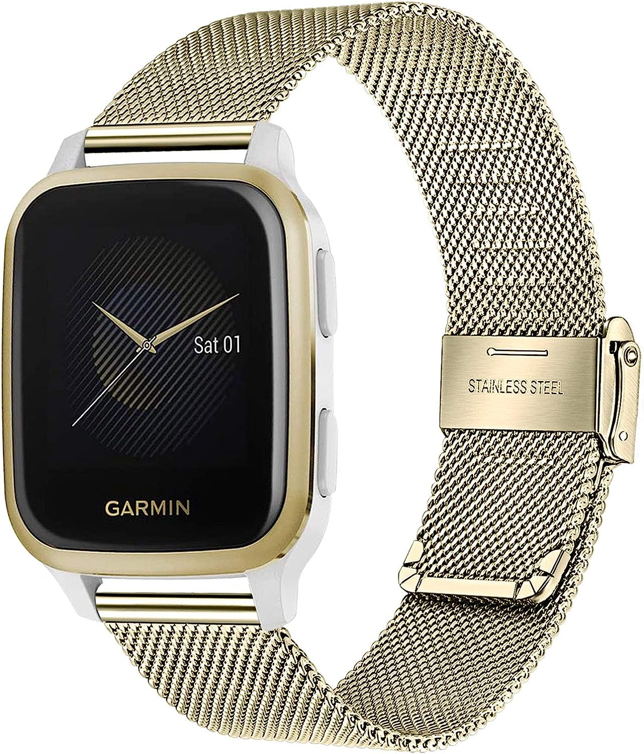 Trumirr Band for Garmin Venu / Venu Sq / Venu Sq 2 Smart Watch, Mesh Woven Stainless Steel Watchband Women Strap for Garmin Venu / Venu Sq / Sq Music Smartwatch  TRUMiRR Light Gold  