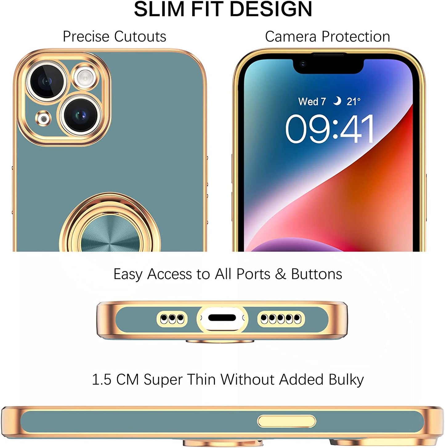 VENINGO Iphone 14 Case,Phone Cases for Iphone 14,Slim Fit Soft 360° Ring Holder Kickstand Magnetic Car Mount Supported Easy Clean Shockproof Protective Cover for Apple Iphone 14 6.1", Blue Grey/Golden  VENINGO   