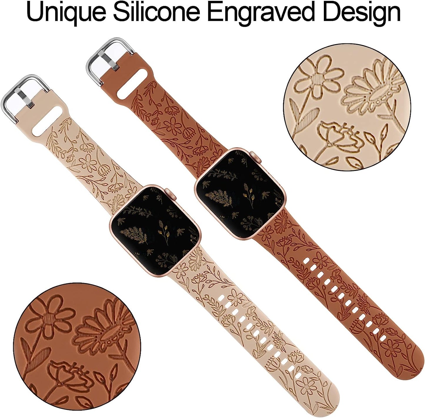 2 Pack Flower Engraved Sport Strap Compatible with Apple Watch Bands 38Mm 40Mm 41Mm, Women Floral Laser Soft Silicone Wristband Replacement Iwatch Series 8 7 6 5 4 3 2 1 SE  TERKOWQI   