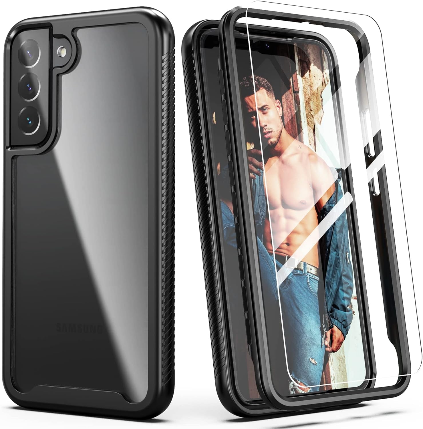 Idweel Clear Galaxy S22 plus Case with Tempered Glass Screen Protector,Hybrid 2 in 1 Shockproof Soft Slim Transparent Case with TPU Bumper, Protective Silicone Airbag Cover for Samsung S22 Plus  IDweel Black  