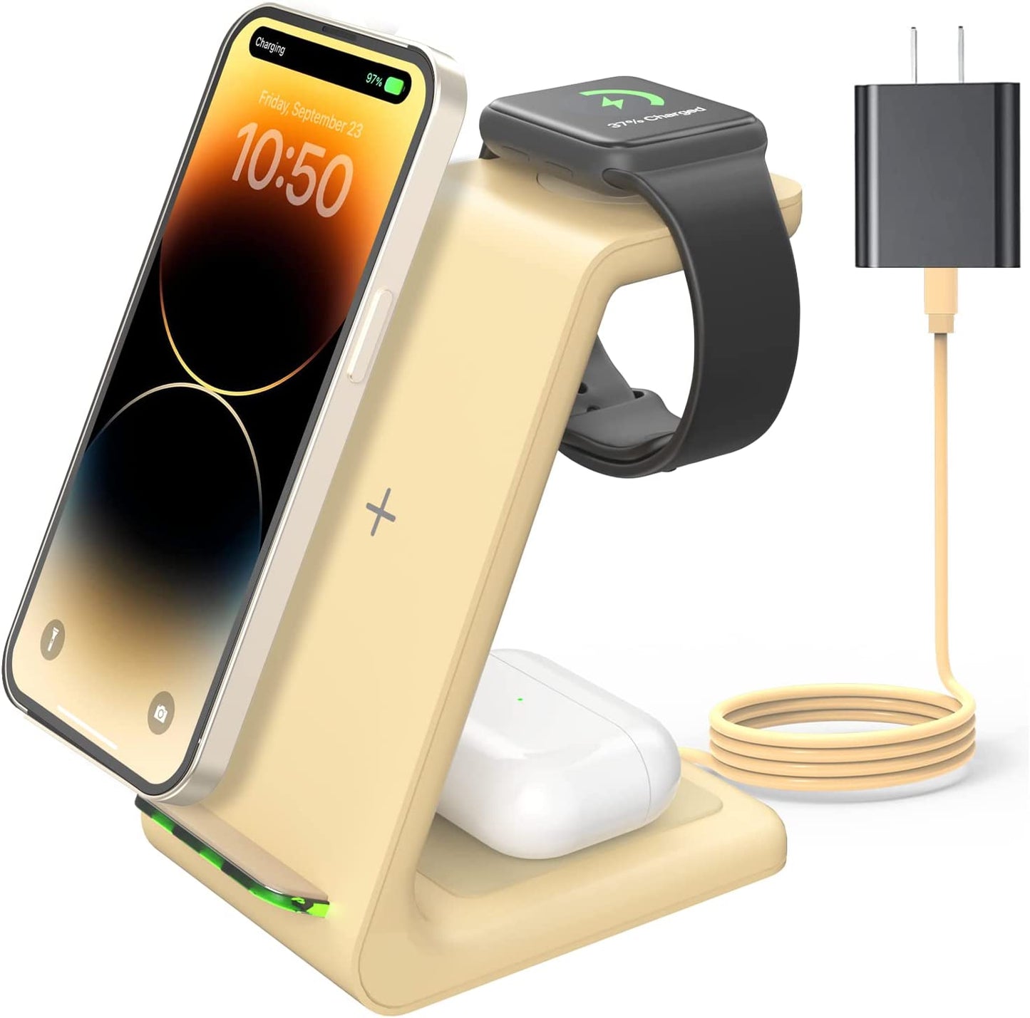 Joygeek Wireless Charging Station, Wireless Charger Stand, 3 in 1 Charging Station for Apple Iphone 14/13/12/11/SE/X/8 Series, Apple Watch Ultra/8/Se/7/6/3, Airpods Pro 2/3/2/Pro - White  JoyGeek Starlight Gold  