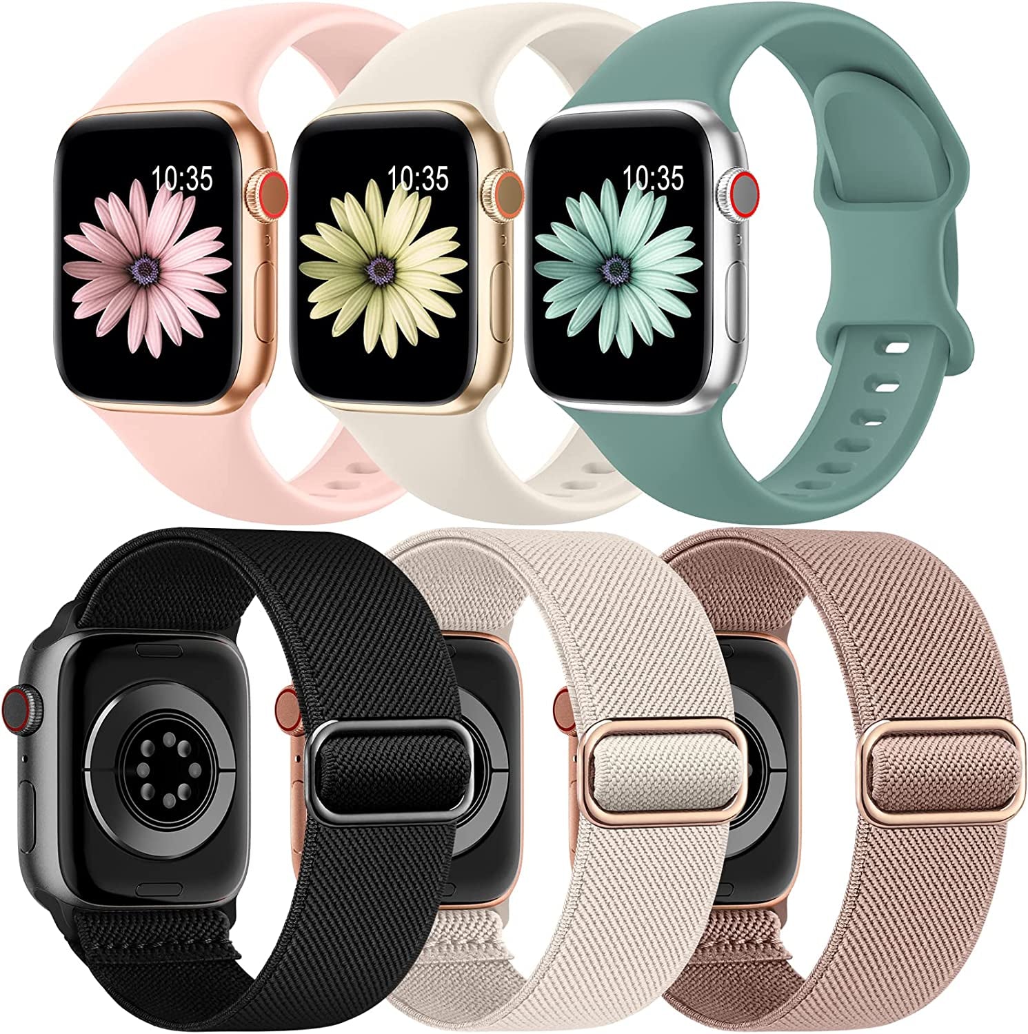 6 Pack Bands Compatible with Apple Watch Band 38Mm 40Mm 41Mm 42Mm 44Mm 45Mm 49Mm-3Pack Soft Silicone Strap, 3Pack Elastic Sport Wristbands for Iwatch Series Ultra 8 7 6 5 4 3 2 1 SE Women Men  iFuntec Most-Popular 38/40/41mm 