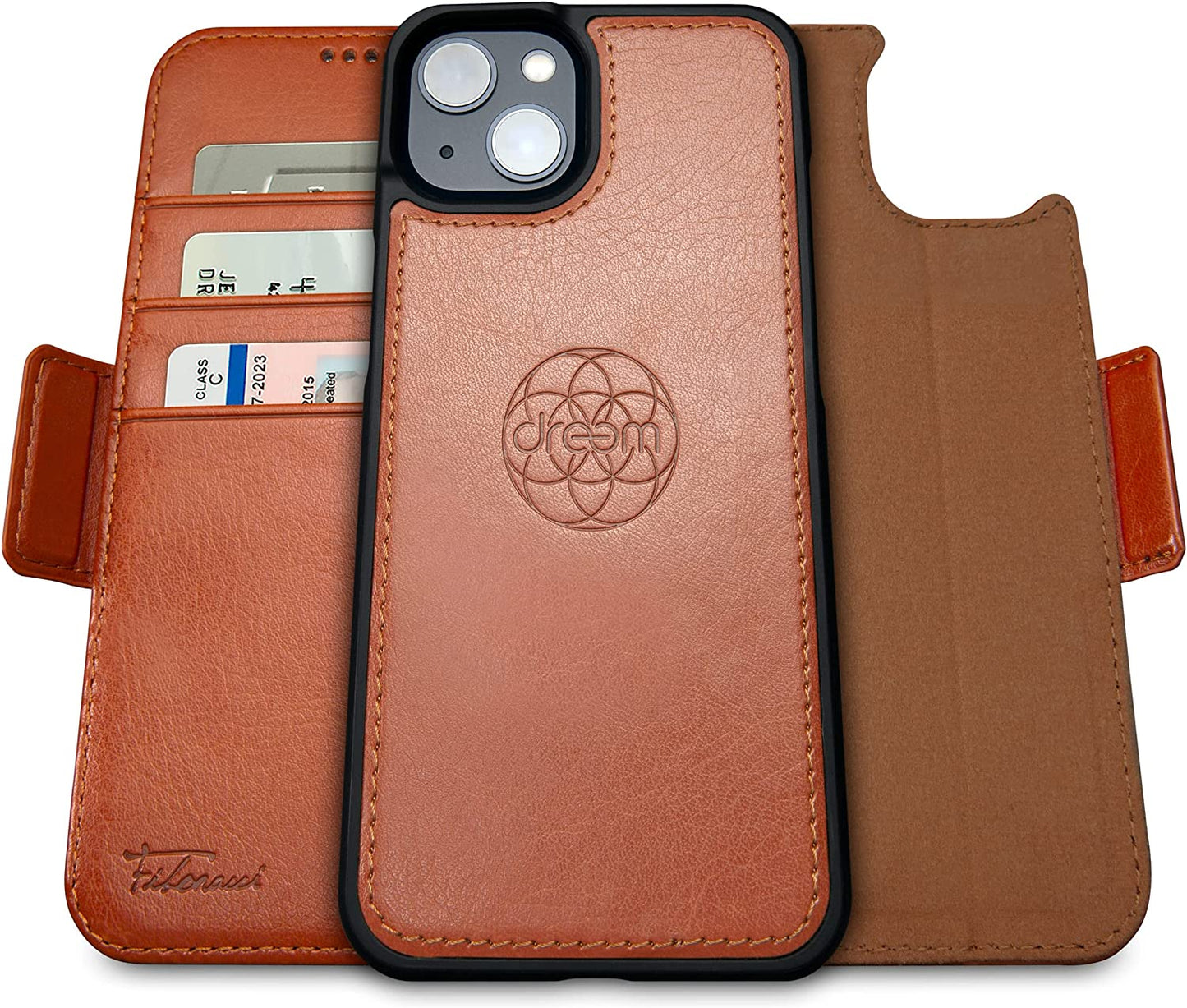 Dreem Fibonacci 2-In-1 Wallet Case for Apple Iphone 14 plus - Luxury Vegan Leather, Magnetic Detachable Shockproof Phone Case, RFID Card Protection, Magsafe Compatible - Black  dreem Caramel iPhone 14 Plus 