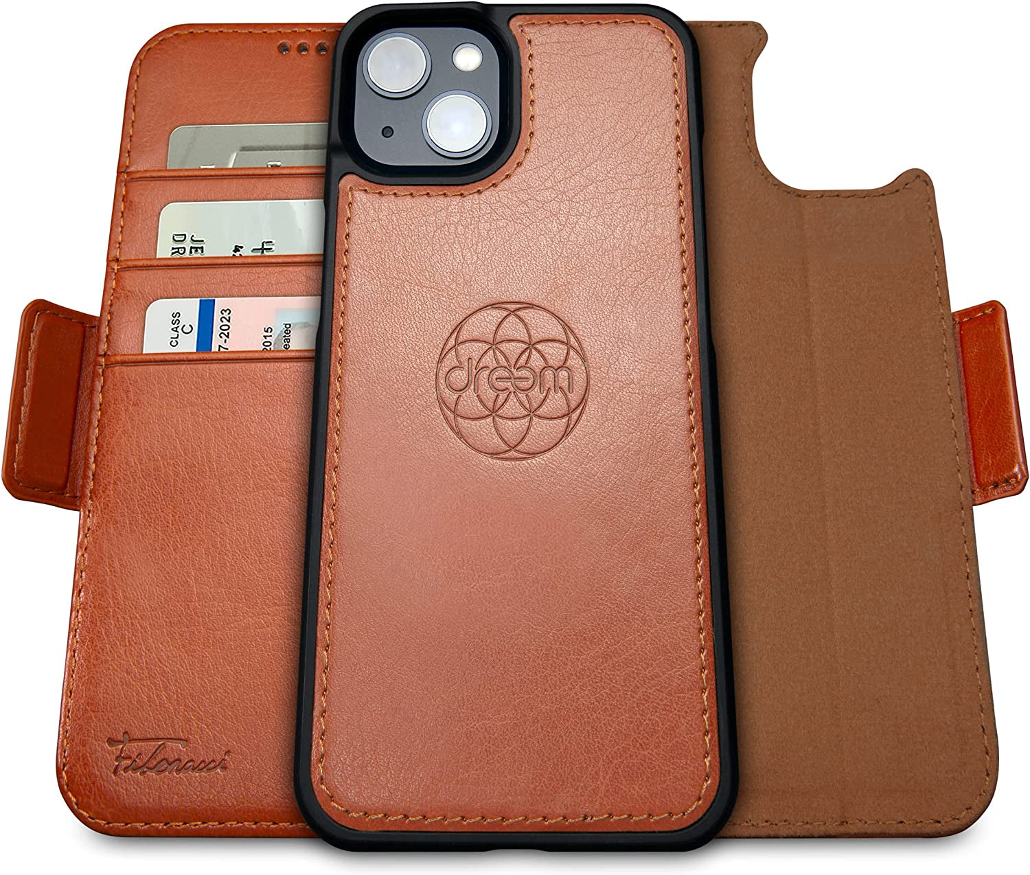 Dreem Fibonacci 2-In-1 Wallet Case for Apple Iphone 14 plus - Luxury Vegan Leather, Magnetic Detachable Shockproof Phone Case, RFID Card Protection, Magsafe Compatible - Black  dreem Caramel iPhone 14 Plus 