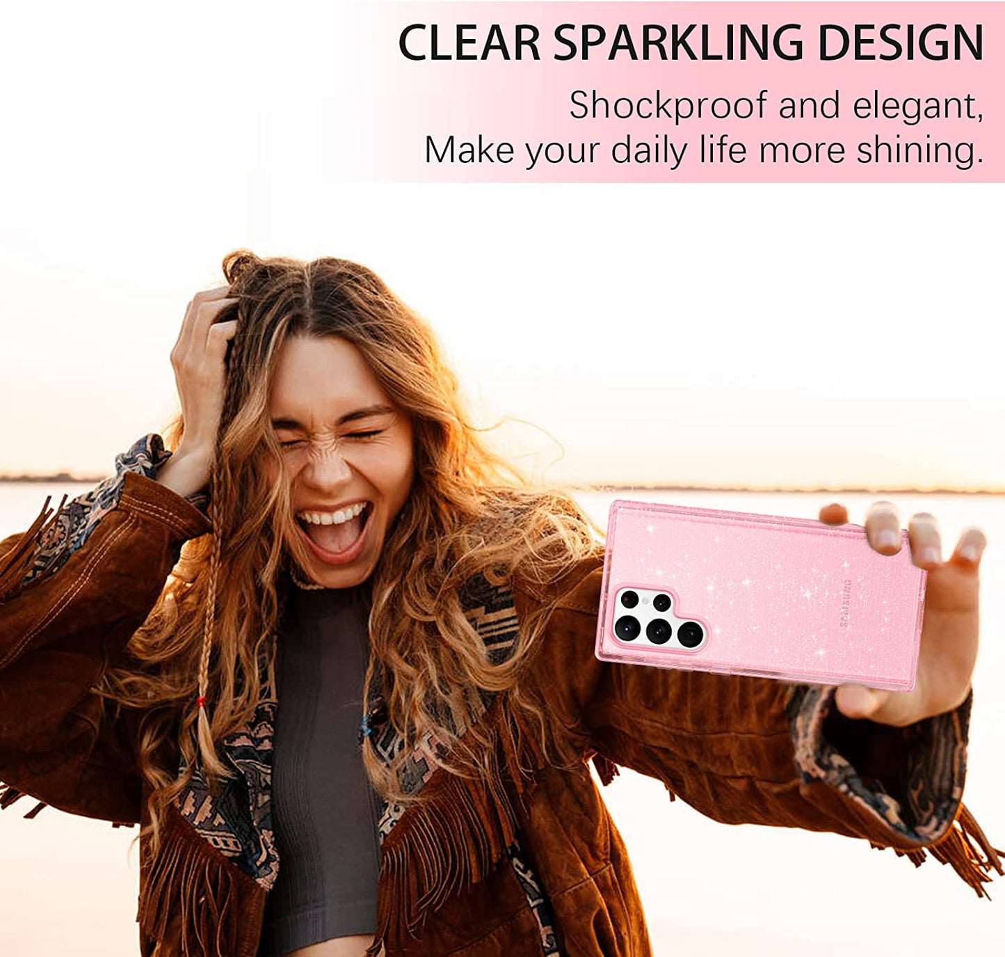 DUEDUE for Samsung Galaxy S22 Ultra 6.8" 5G Case Glitter Full Body Protective 3 in 1 Heavy Duty Hybrid Hard PC Rugged Shockproof Women Transparent Bling Sparkle Cover for Samsung S22 Ultra, Pink Clear  DUEDUE   