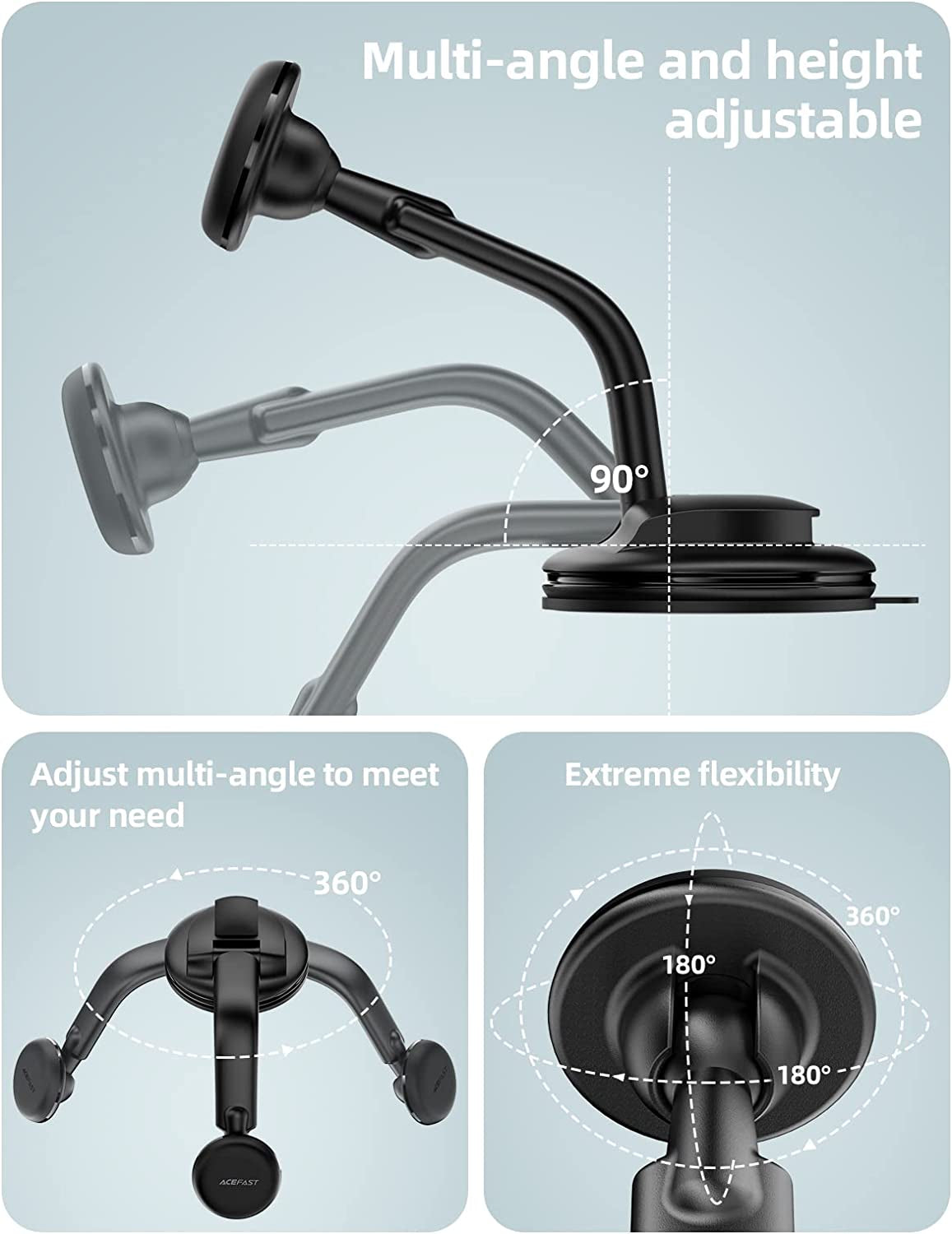ACEFAST Magnetic Phone Car Mount, Universal Phone Car Holder Low Installation Height Built-In Four N52 Super Strong Magnets Large Sticky Base Suction Cup Dashboard Windshield Flexible Installation  ACEFAST   